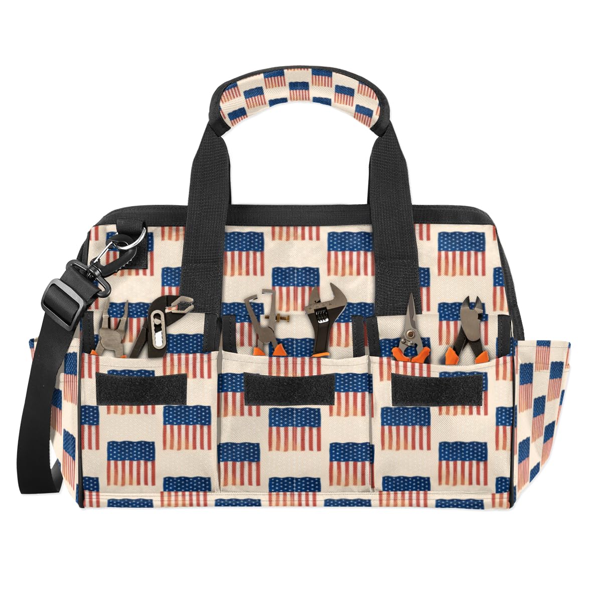 Junly 4th Flag Tool Tote Bags American Flag Heavy Duty Wide Mouth Tool Bag Multi-pockets 14.8 Inches Tool Organizer Bag with Adjustable Strape for Men and Women