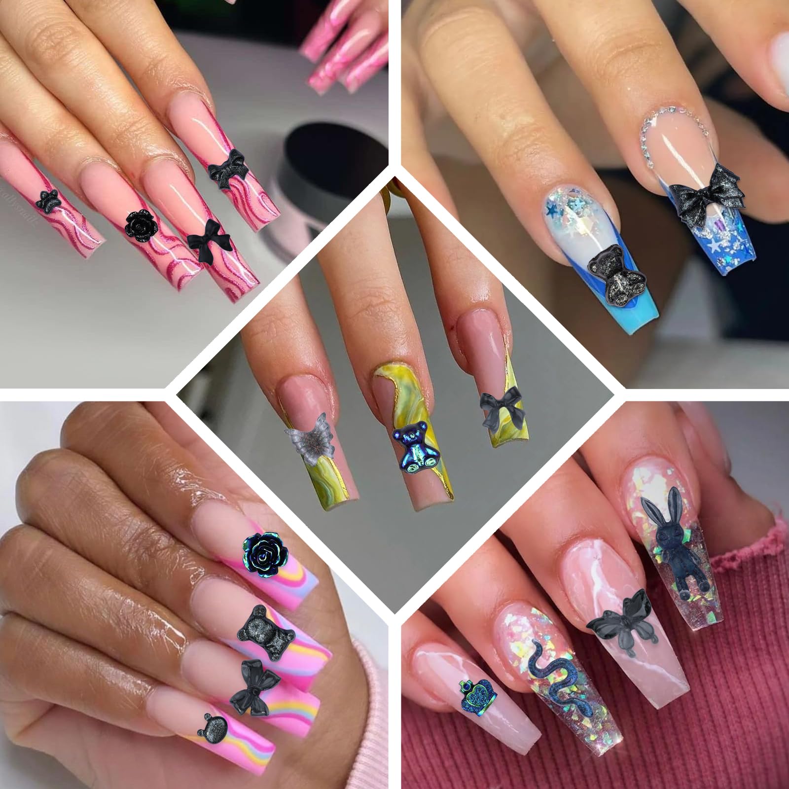 Kikonoke 100 Pieces 3D Resin Butterfly Bear Nail Charms Rose Flower Peach Skirt Bow Deer Snake Rabbit Animal Shaped Nail Art Rhinestones Pearls for DIY Nail Art Decoration Making Craft (Black)