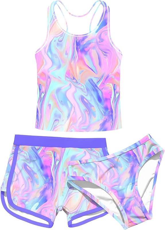 Girls 3 Piece Bathing Suit Summer UPF 50+ Racerback Swimsuit with Shorts Beach Tankini Sets 8-16 Years