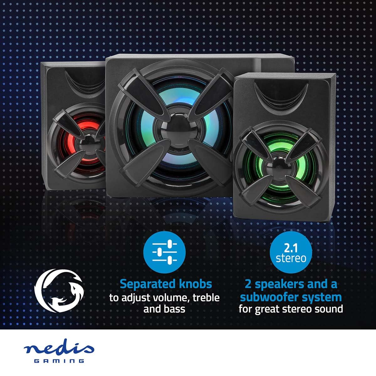 NEDIS Gaming-Lautsprecher | Lautsprecherkanäle: 2.1 | Stromversorgung über USB | 3.5 mm Stecker | 33 W | LED | Lautstärke-Regler, Black