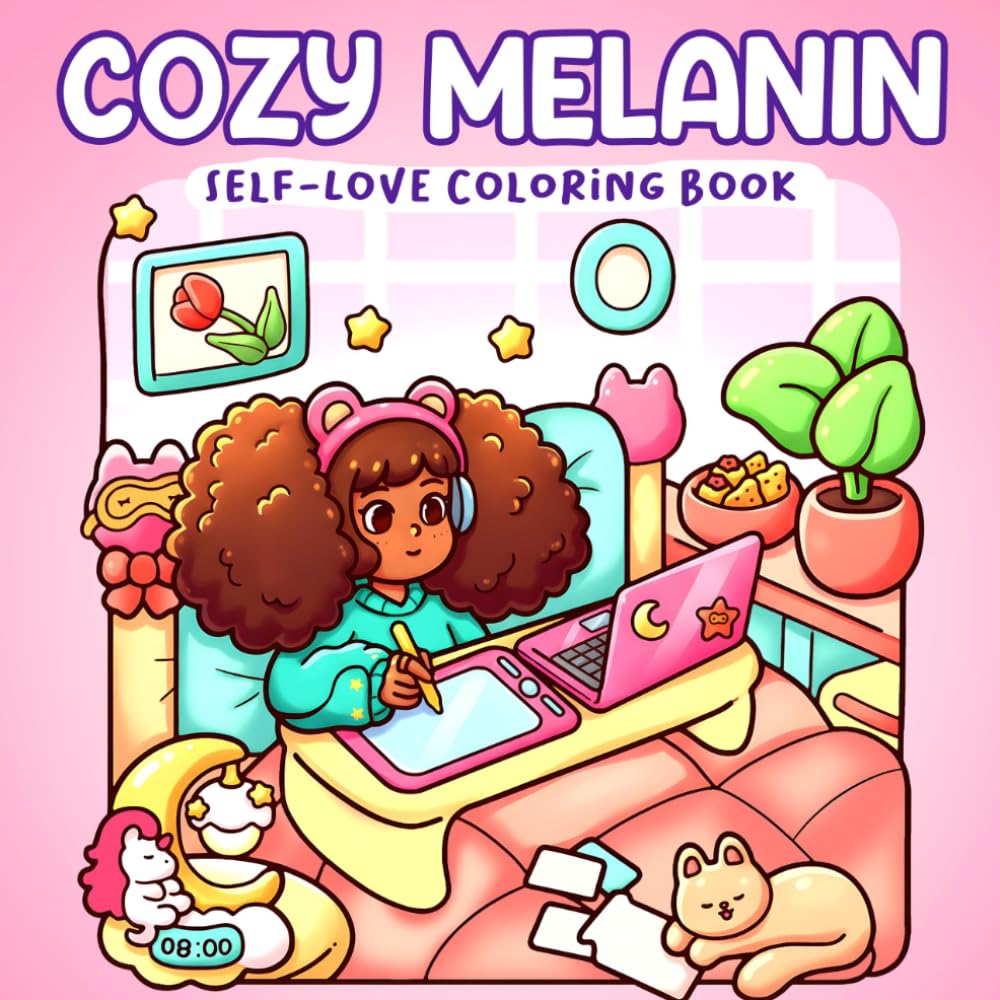 Cozy Melanin Coloring Book: Crown of Melanin Sanctuary Coloring Book featuring Relaxing Afro Style Women and Simple Hygge Self Care Moments for All Ages
