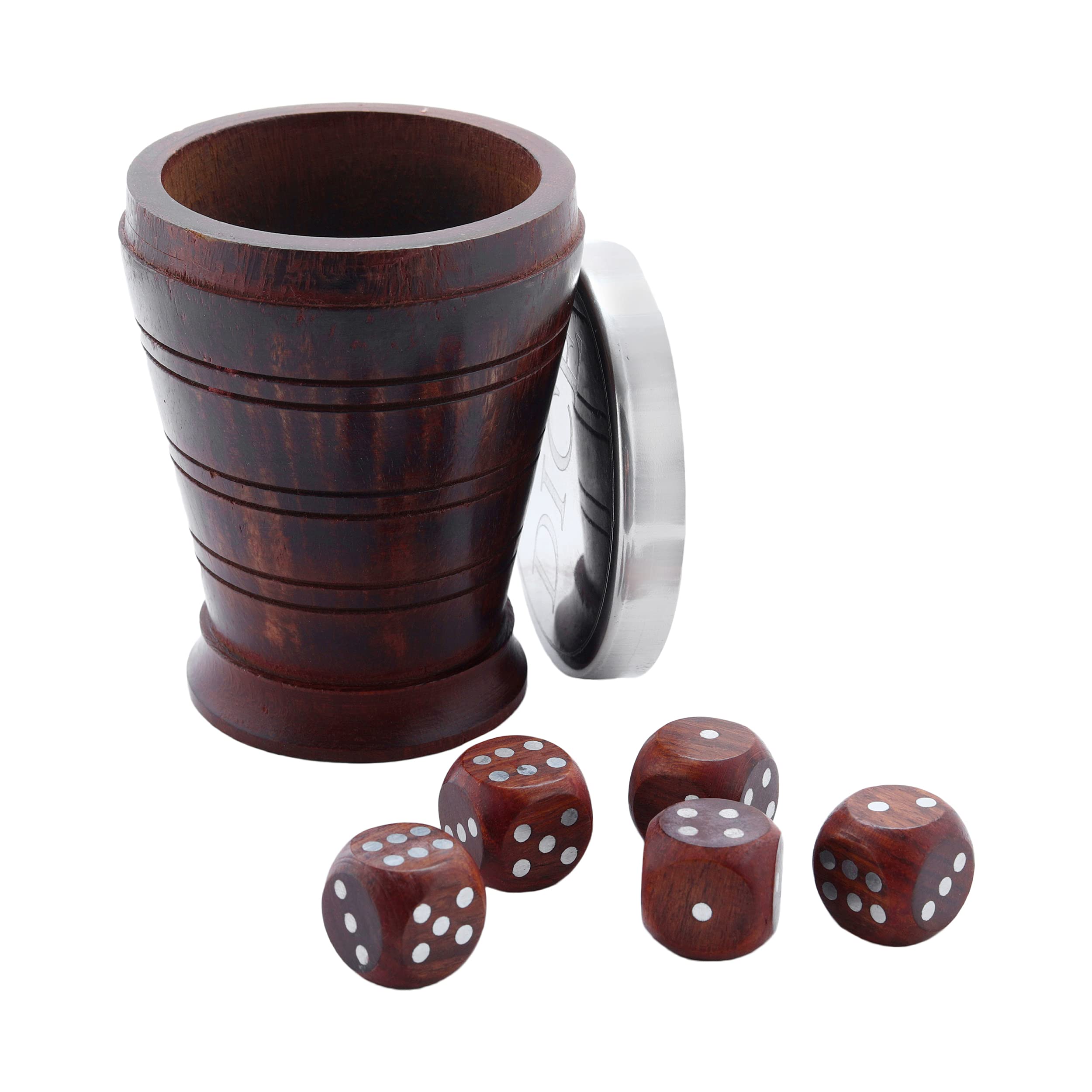 Hand-Crafted Set of 5 Classic Wooden Dice, Cube Gaming Dice with Storage Cup with Brass LID