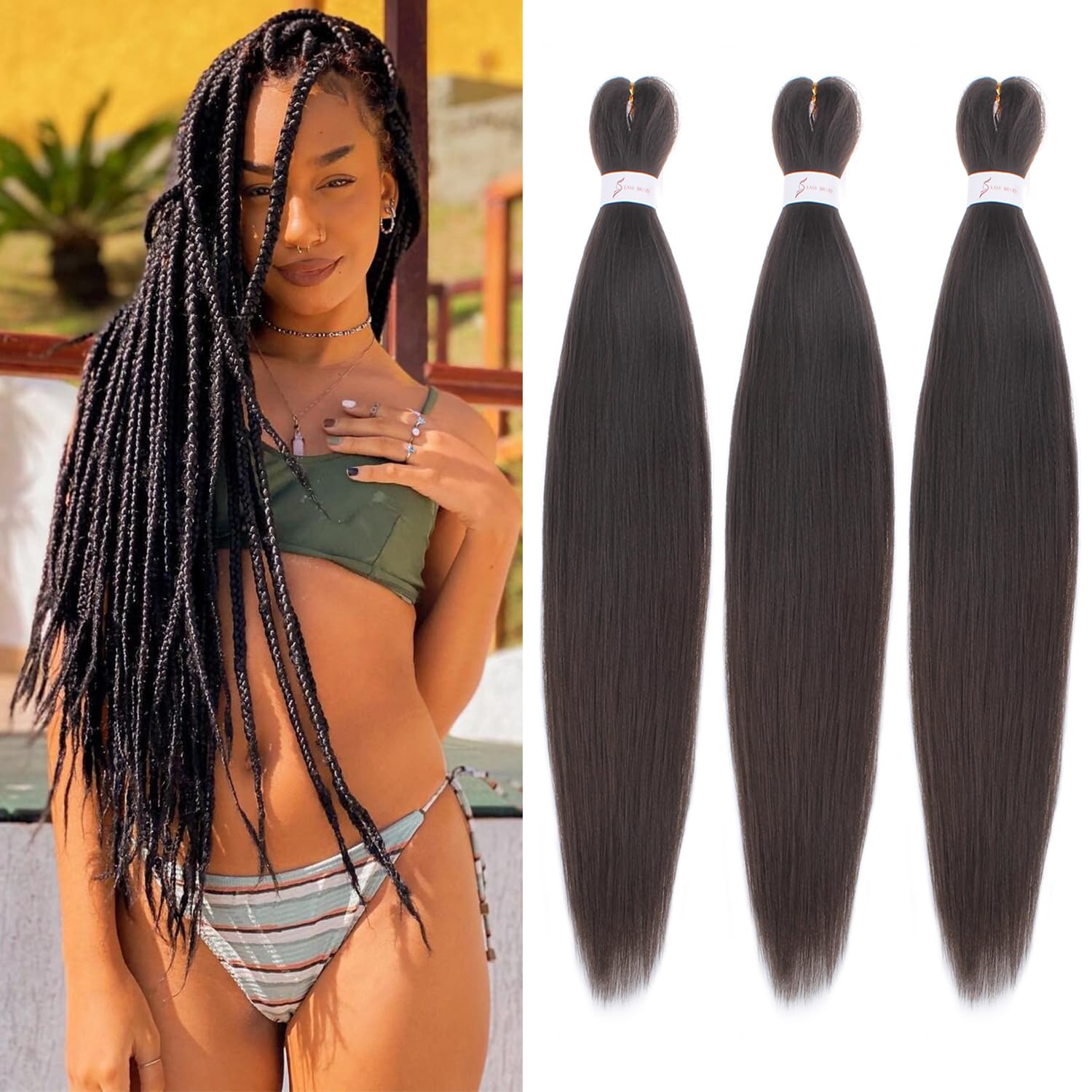 Mscat 26 Inch 3 Packs Pre Stretched Braiding Hair Dark Brown Pre Stretched Braiding Professional Synthetic Prestretched Crochet Braids Hair Extension Hot Water Setting Yaki Texture (4#)