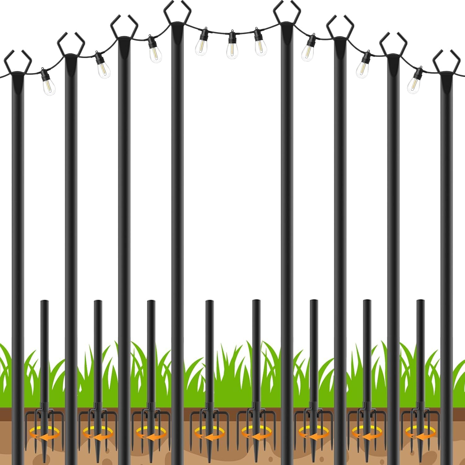 AHRLHR 8pack 3M String Light Pole, Metal Outdoor String Light Pole, Suitable for Courtyard,Backyard,Garden,Patio,Party,Wedding Hanging Light Pole,Rustproof and Sturdy with Hooks