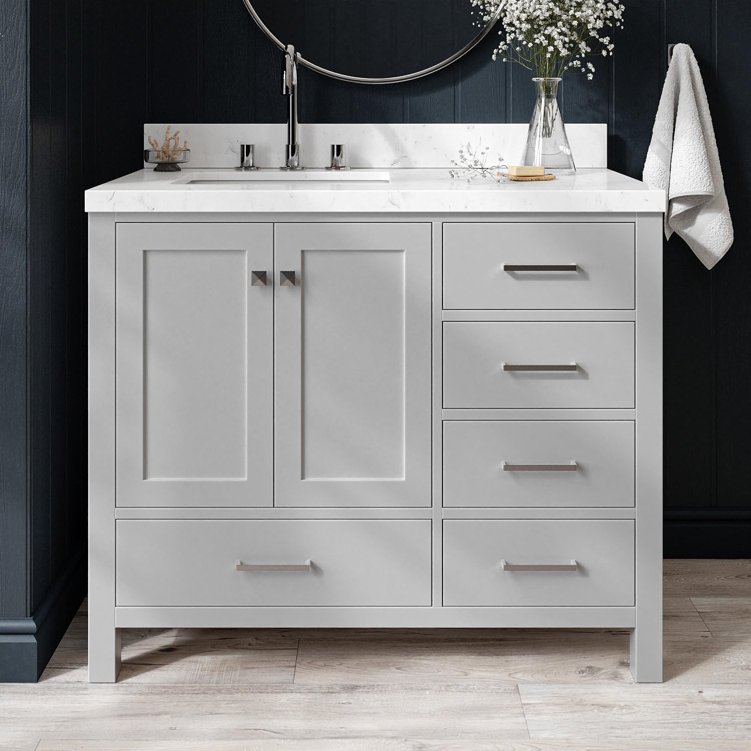 ARIEL Cambridge 42-inch Bathroom Vanity with Sink,Solid Wood, 1.5-inch Carrara White Quartz Countertop, Single Rectangular Porcelain Sink, 2 Soft