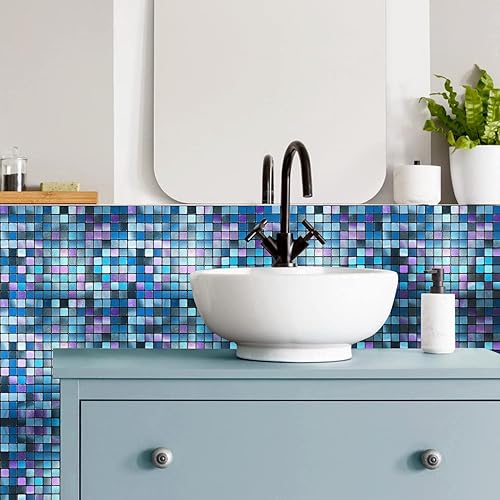 Miniatura 4 de XUANINY Azulejos de salpicaduras para cocina, baño, chimenea, mosaico de aluminio metálico autoadhesivo (12 x 12 pulgadas) (10, mezcla azul y morada)