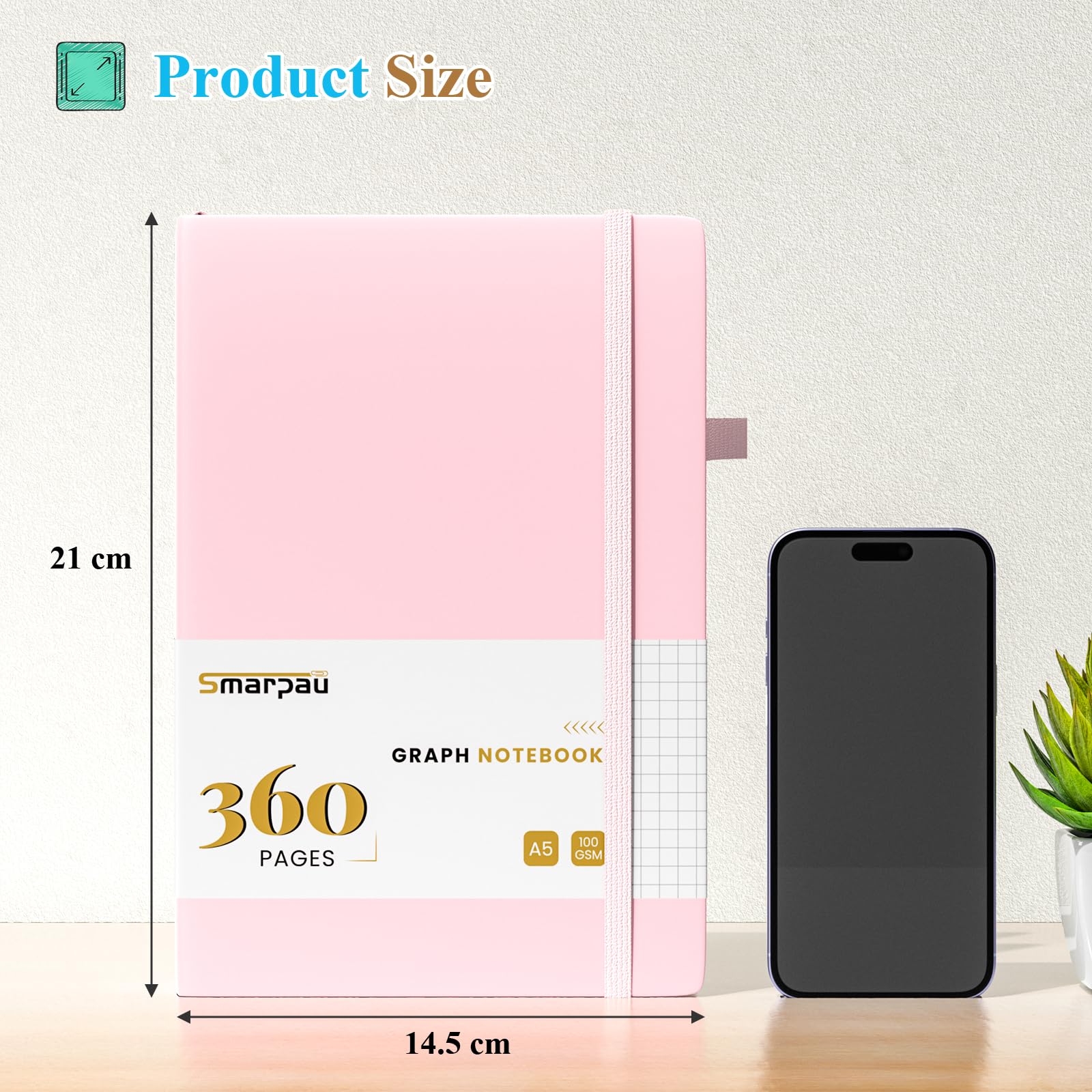 Smarpau Graph Paper Notebook A5, Thick Grid Notebook 360 Pages, 100GSM Squared Paper No Bleed Hardback Leather Journal - Image 2
