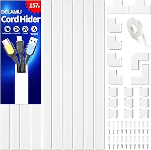 Delamu Cord Hider, 157in Wire Covers for Cords on Wall, Premium Cable Hider Cord Covers for Wires, Cable Management Wire Hiders for TV, Cable Raceway Kit, W0.95 H0.55in, White