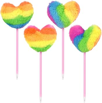 Rainbow Heart Fluffy Pens, Pom Pom Ballpoint Pens, 4 Pack