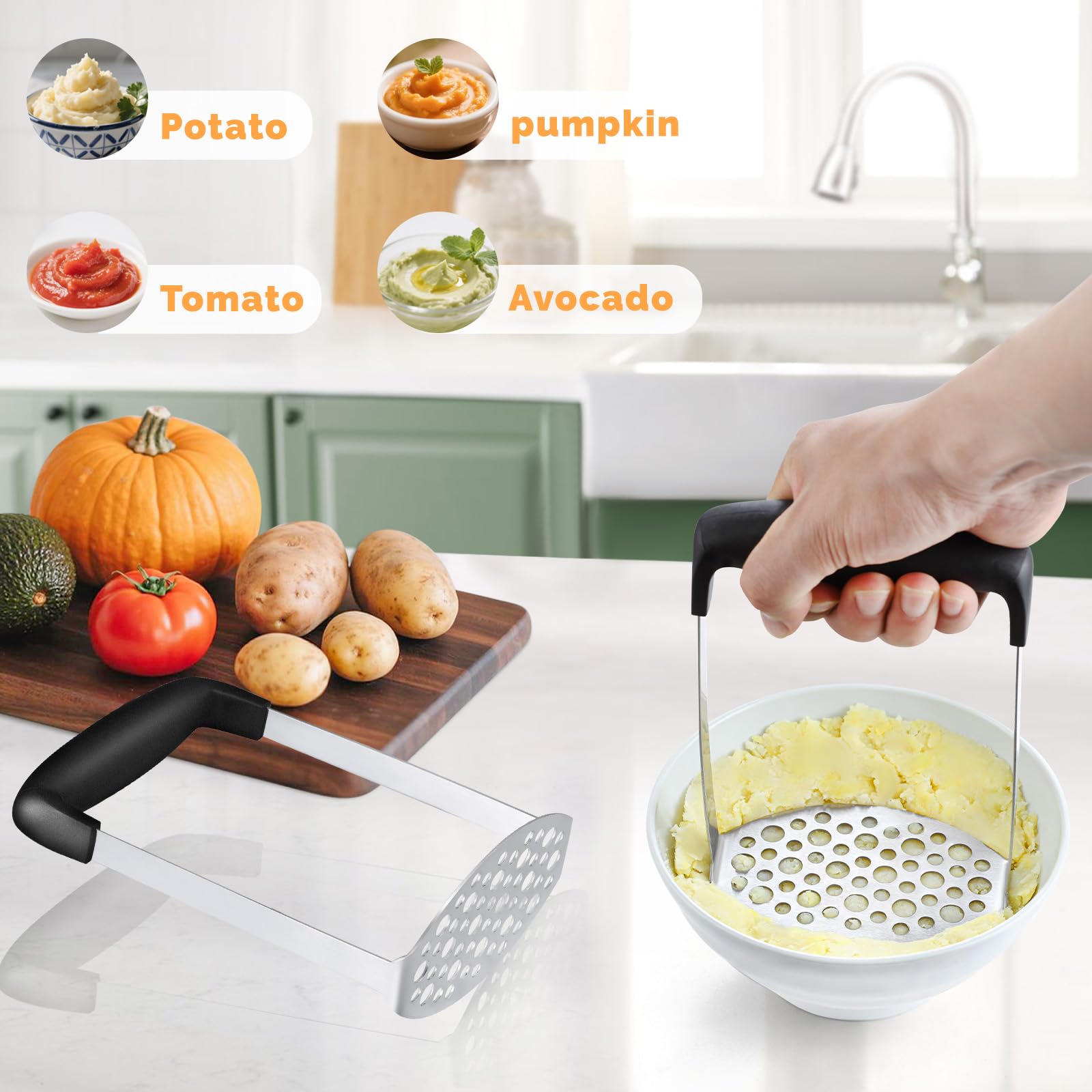 Triturador de patatas, Pleafind Potato Masher Stainless Steel, utensilio de cocina duradero con mango antideslizante, perfecto para judías, verduras, frutas, aguacate, apto para lavavajillas
