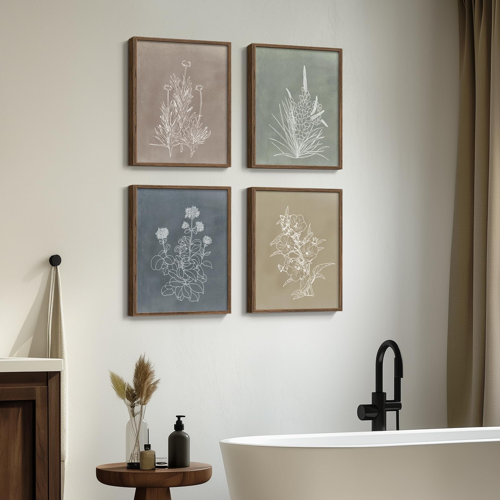 LITIVY Boho Wandkunst-Set – 4 Gerahmte Bilder, Je 7,6 X 42,9 Cm, Holzrahmen, Botanische Blumenmotive, Naturfarben