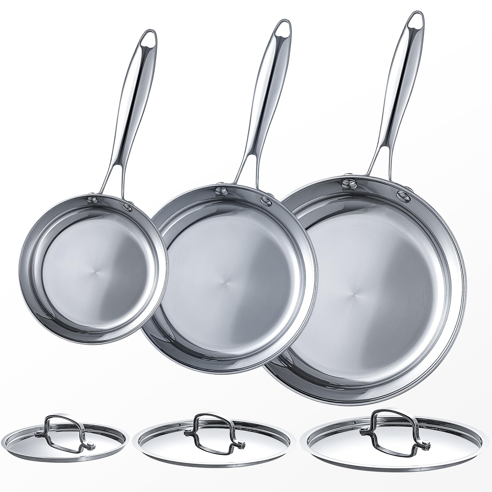 Stainless Steel Frying Pan Sets 6 Piece 8, 10 & 12 Inch with Lids, Oven & Dishwasher Safe Fast and Even Heating Stay Cool Handles Non-toxic PFOA Free Stir Fry Pan Skillets Sets