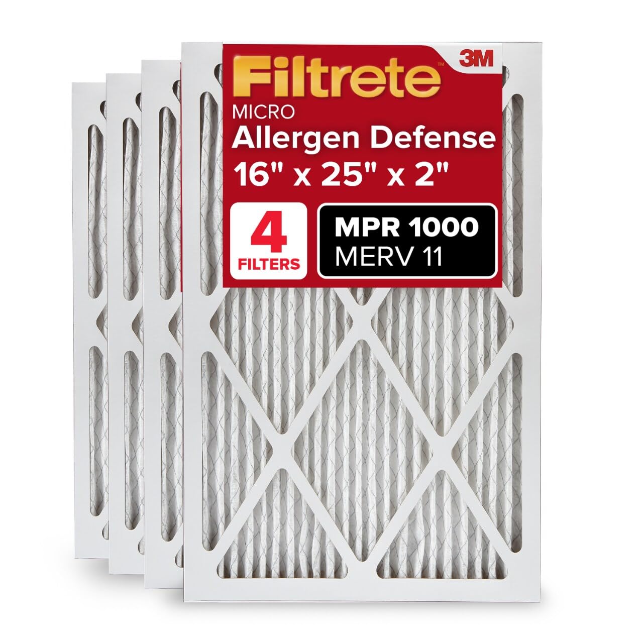 Filtrete 16x25x2 AC Furnace Air Filter, MERV 11, MPR 1000, Allergen Defense, 3-Month Pleated 2-Inch Electrostatic Air Cleaning Filter, 4 Pack (Actual Size 15.5 x 24.5 x 1.75 in)