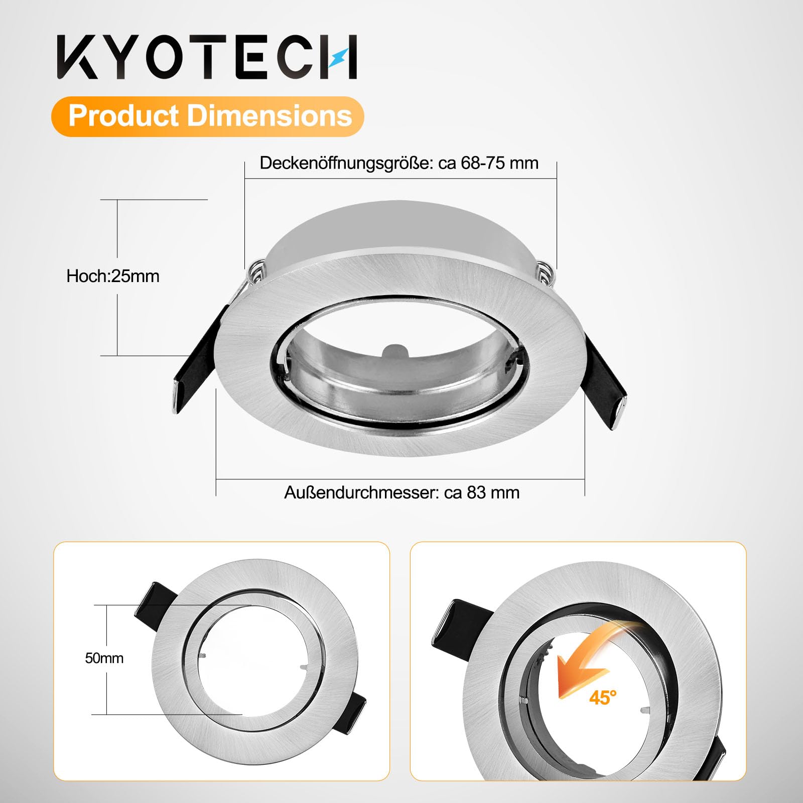 KYOTECH Set van 6 Plafondinbouwframe GU10,Met glazen spiegel en waterdichte pad,IP44 waterdicht en vochtbestendig,inbouwring plafondspots LED inclusief GU10-fitting