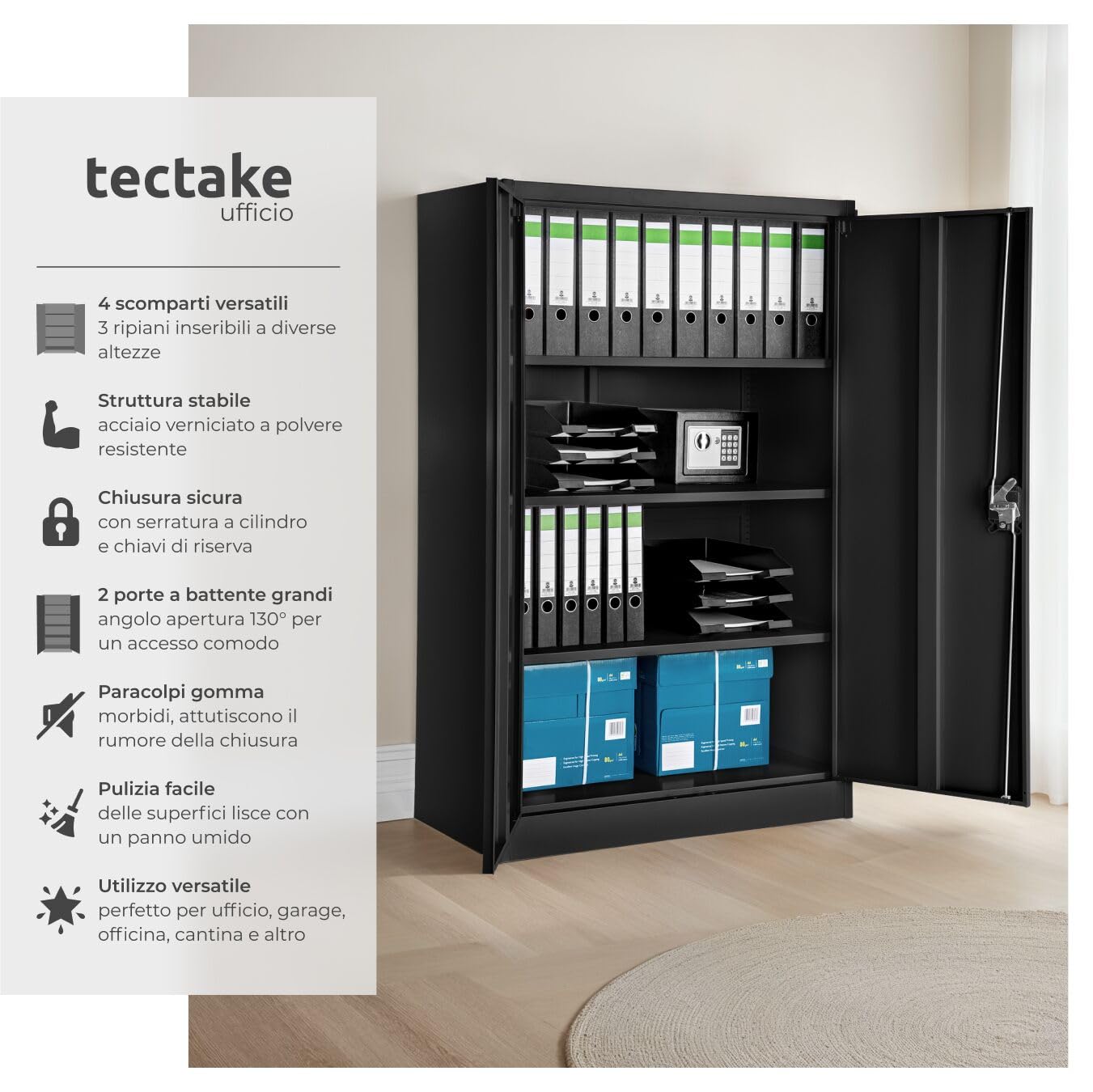 tectake® Armadio Portadocumenti, Armadio Multiuso 4 Scomparti, Ante a Battenti Rinforzate, Chiusura con Serratura a Cilindro, Acciaio di Alta Qualità Verniciato a Polvere, 140x90x40 cm - Nero