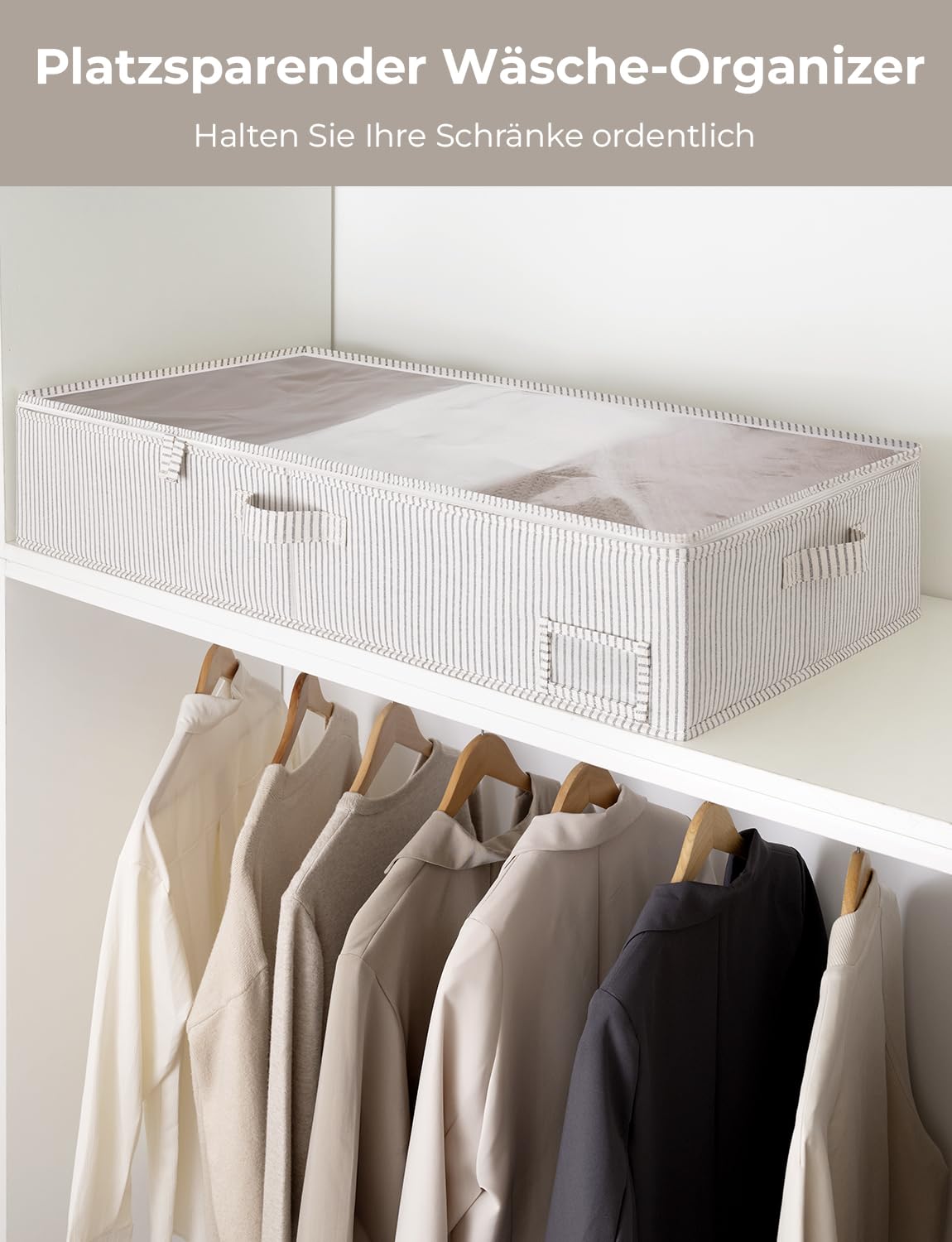 StorageWorks Scatole di archiviazione sotto il letto con coperchio, grandi contenitori per organizzare coperte e biancheria, organizzatori rigidi per abiti sotto il letto, a righe grigie e bianche
