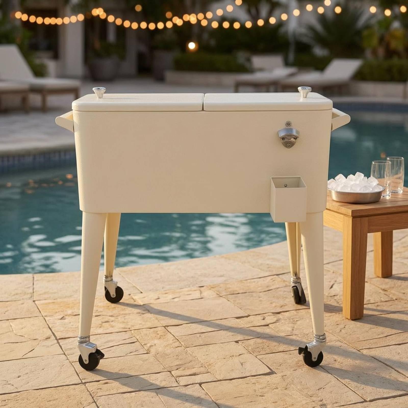 Carrello Bevande Isolato Carrello Bar Carrello Servizio Secchiello Ghiaccio Metallo con Ruote E Portaoggetti Design Scorrevole per Mescita E Trasporto, Beige