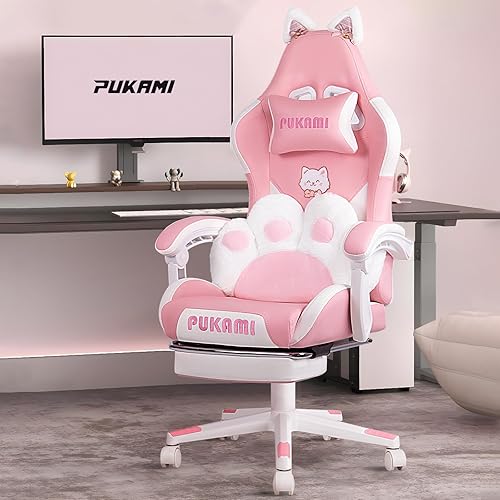 PUKAMI Pink Gaming Chair Cute with Cat Ears and Cat Paw Lumbar Cushion, Ergonomic Computer Chair for Girl with Footrest and Headrest, Comfortable Reclining PC Game Chair for Adult, Teen, Pink - Pink