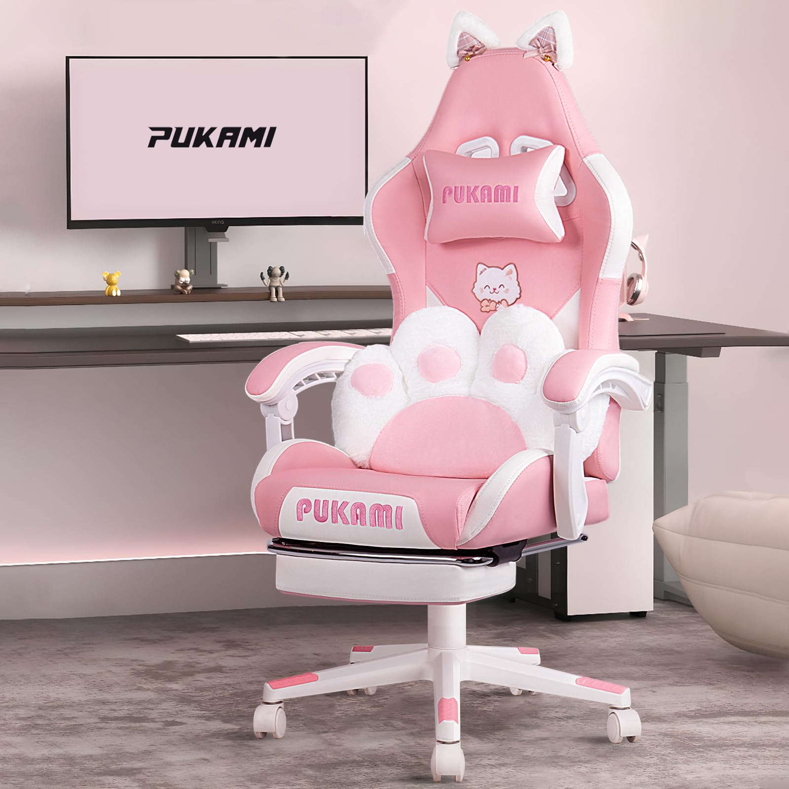 PUKAMI Pink Gaming Chair Cute with Cat Ears and Cat Paw Lumbar Cushion,Ergonomic Computer Chair for Girl with Footrest and Headrest,Comfortable Reclining PC Game Chair for Adult,Teen,Pink