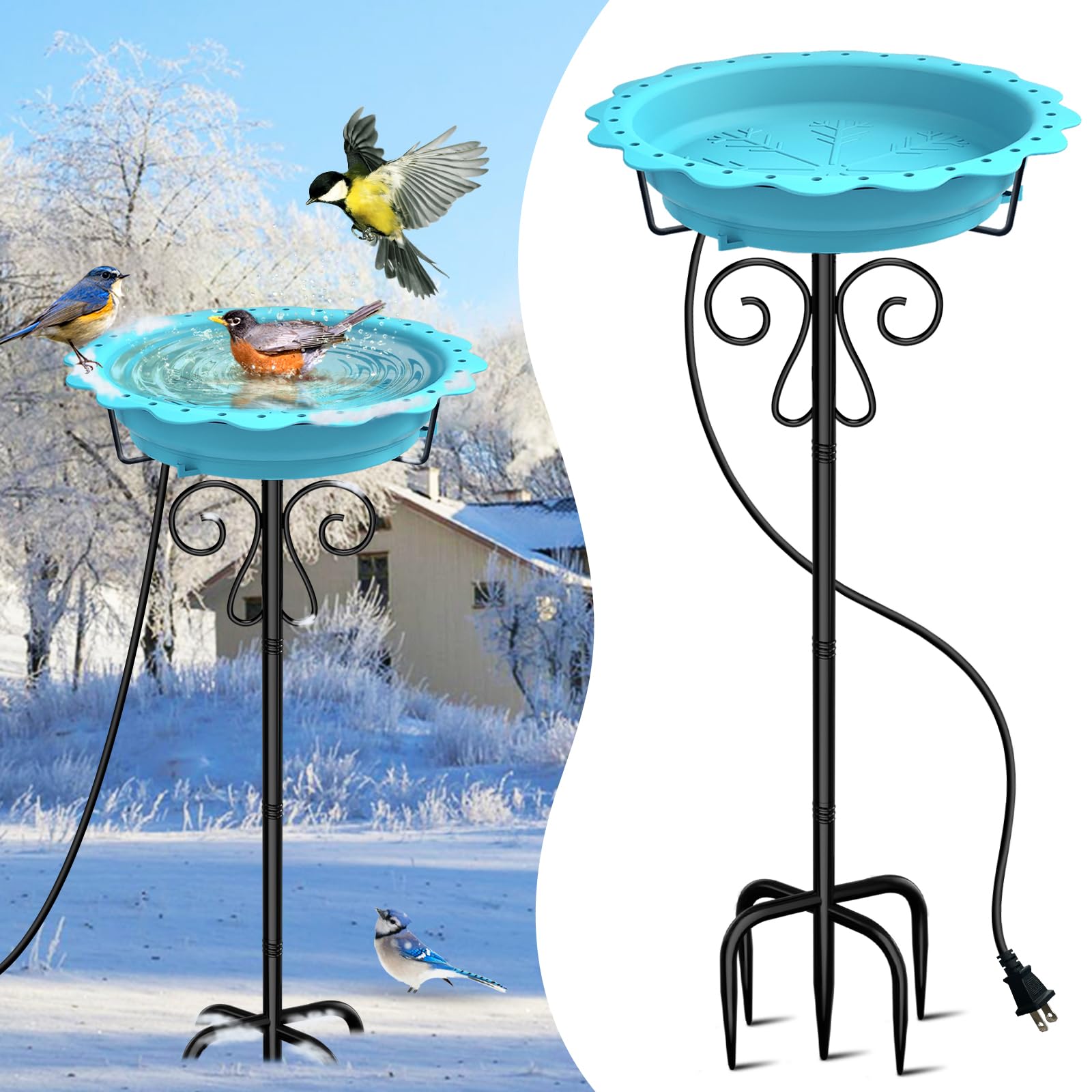 Beheizte Vogeltränke, leistungsstarke 100 W Thermostatsteuerung, beheizte Vogeltränke für den Außenbereich für den Winter mit 5-Zinken-Metallpfahl, beheizter Vogeltränken-Warmwasserbereiter für