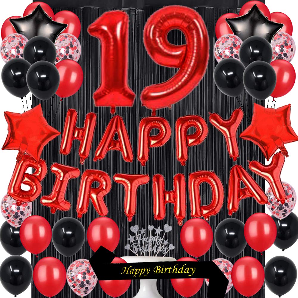 Fancypartyshop 19TH Birthday Party Decorations Supplies Red Black Later Balloons Happy Birthday Cake Topper Sash Foil Black Curtains Foil Star