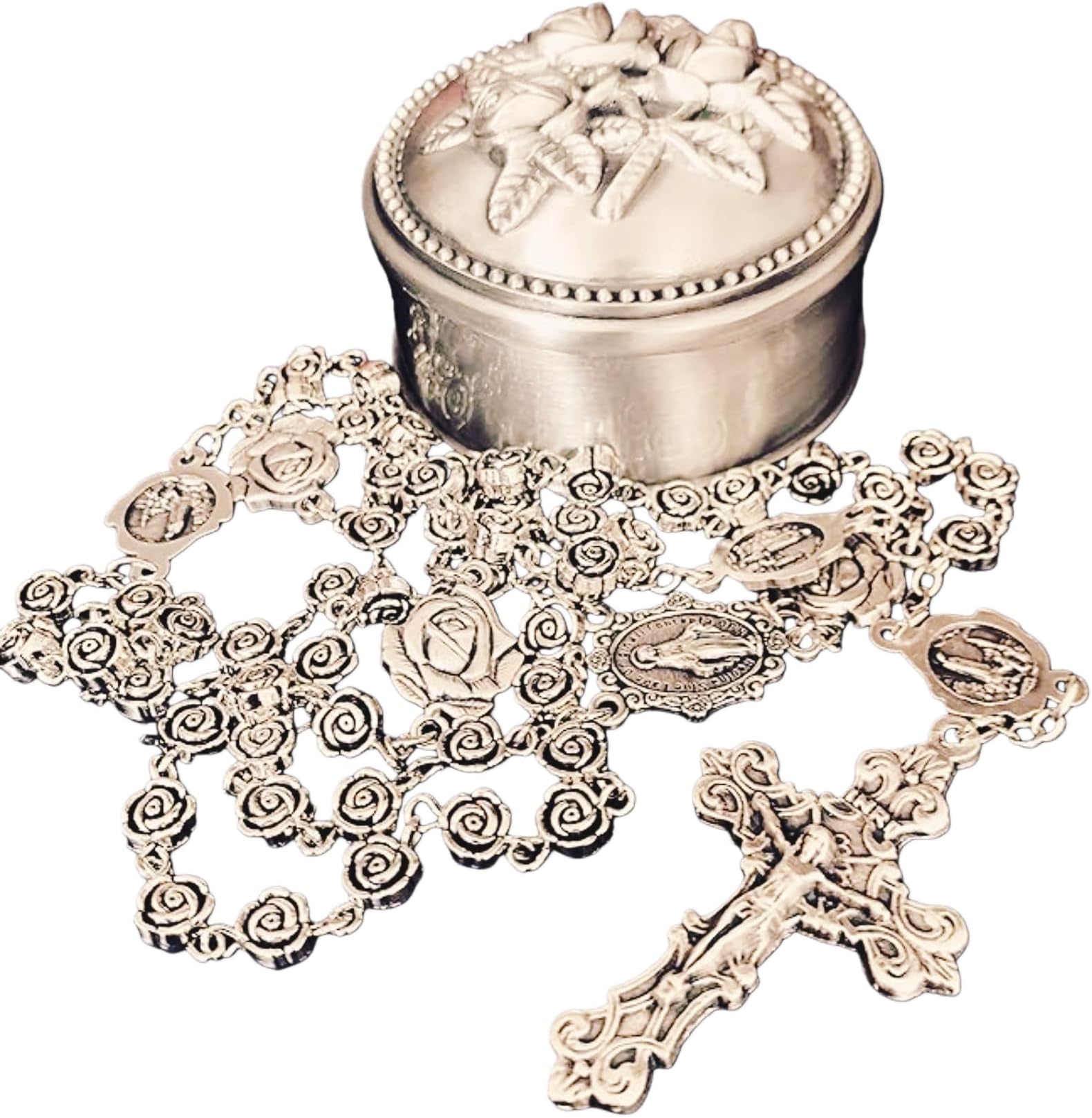 HANDMADE vintage silver rose beads Catholic Rosary Necklace Cross Gift Box Italy crucifix