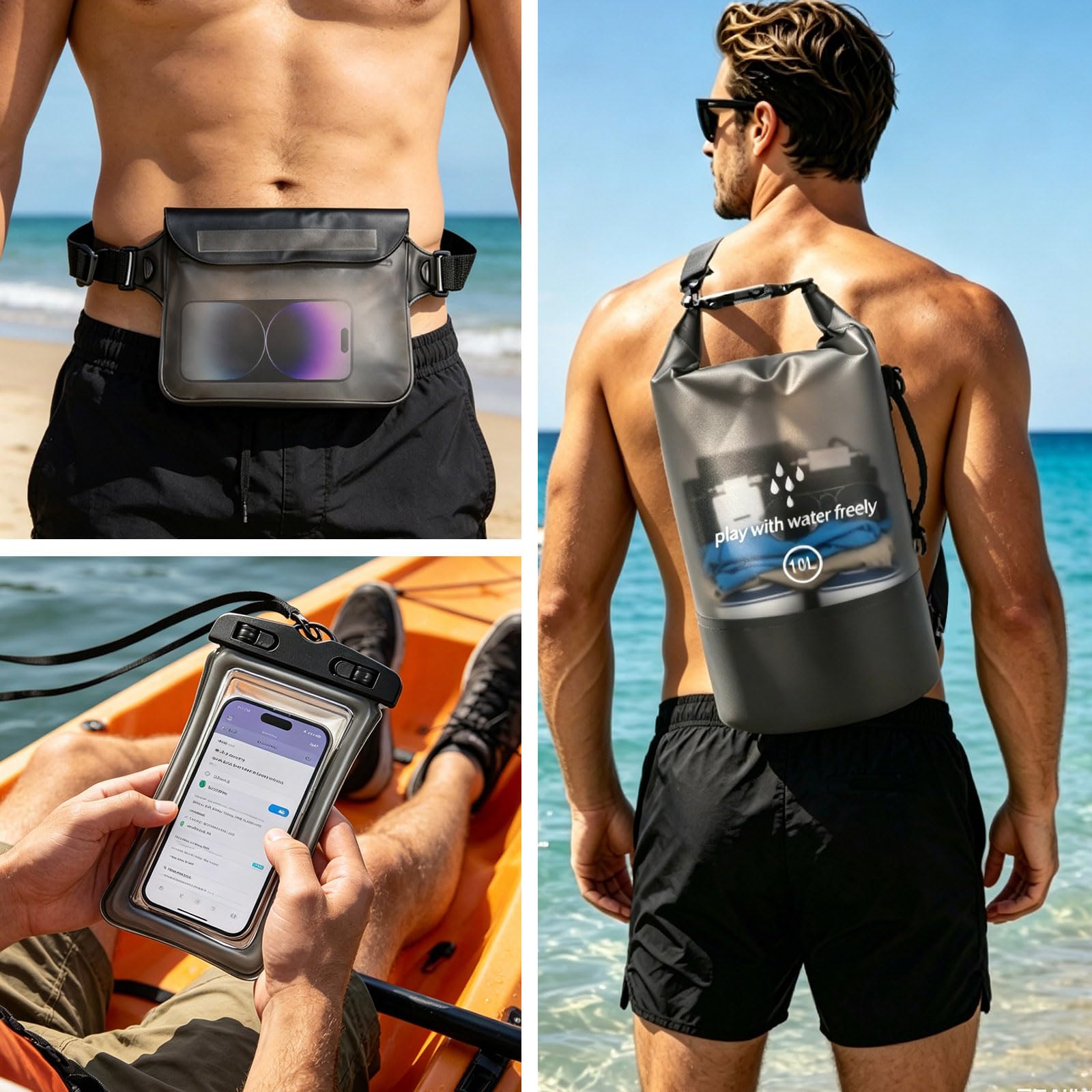 Dry Bag 10L Sacca Impermeabile con Marsupio e Custodia per Telefono Sacca Stagna Borsa Impermeabile per Barche Kayak SUP Sport Acquatici e Camping - Nero