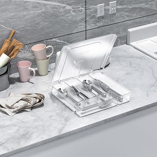 Miniatura 4 de Bandeja de cubiertos QINOL con tapa, organizador de cajones para utensilios para mostrador de cocina, organizadores de cubiertos de plástico y