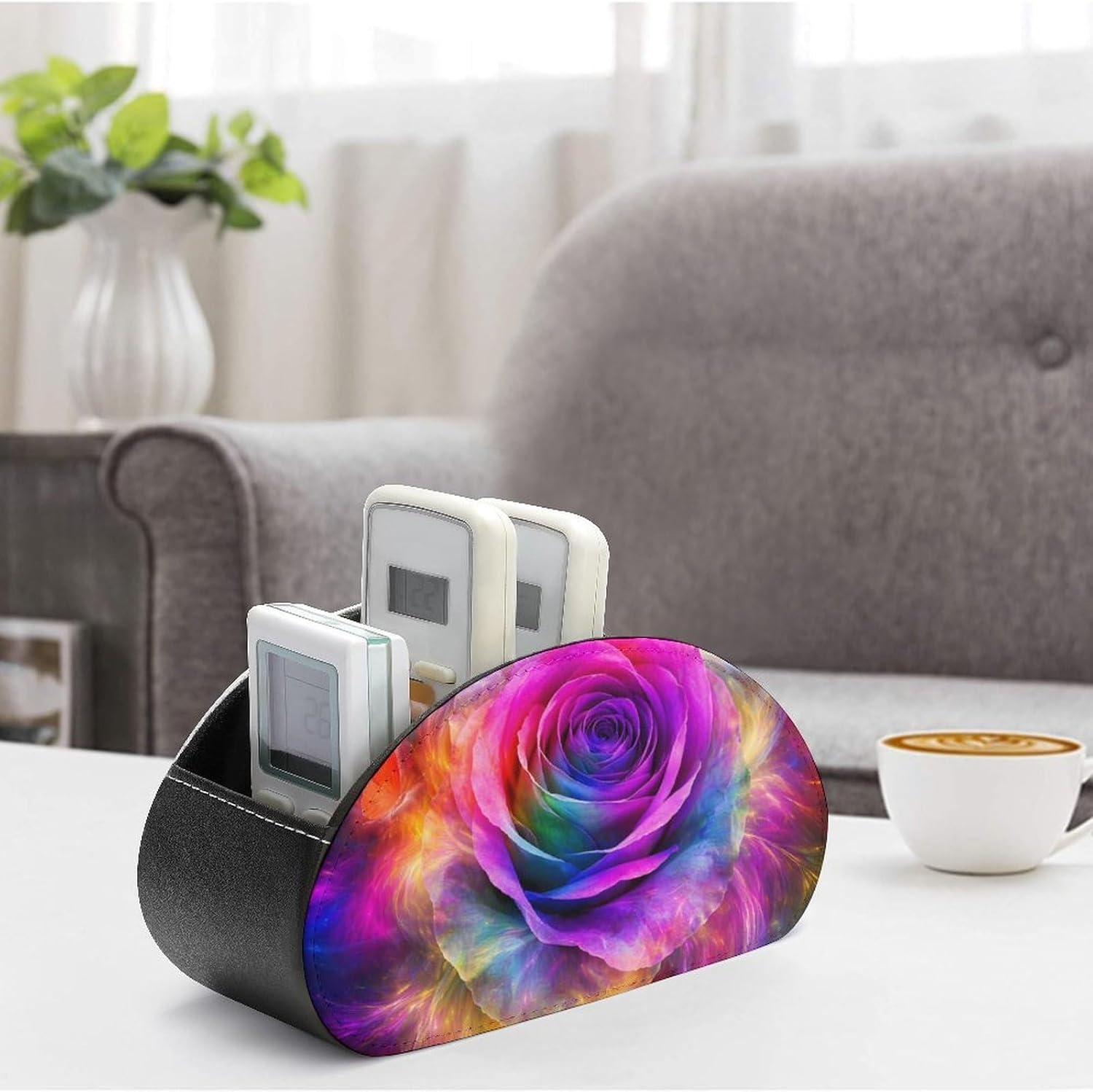 Trippy Tie Dye Rose Colorful Art Remote Control Storage Box Pu Leather Desktop Storage Box 5 Compartments Decorative image 4