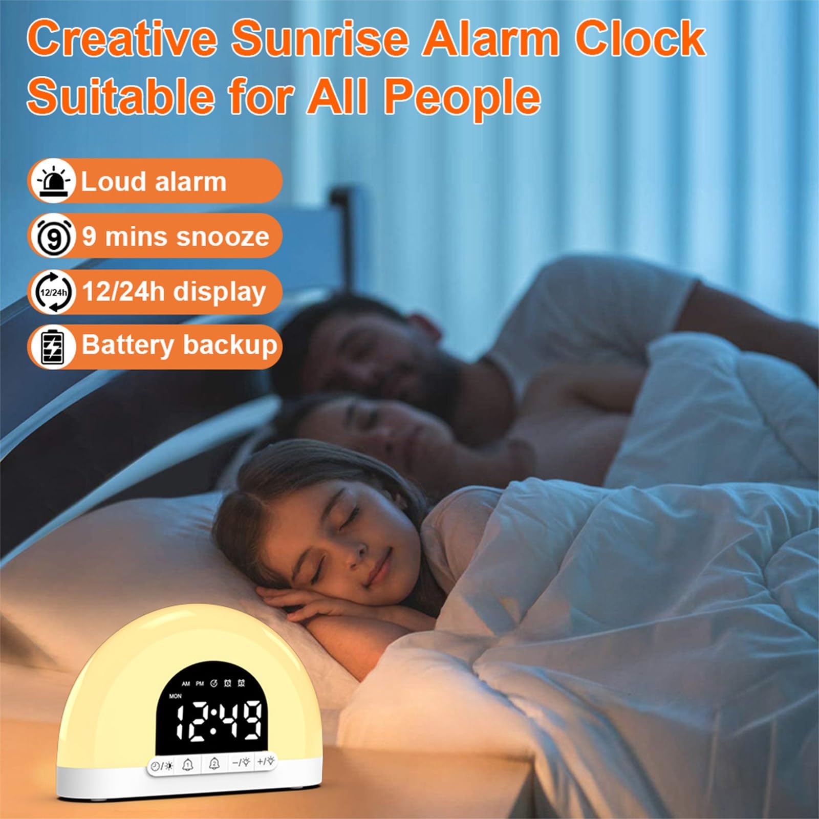 Réveil Lumineux Wake Up Light Sunrise, Double Alarme, Simulation Douce Du Lever Du Soleil, Affichage à 4 Niveaux, Batterie De Secours, Design Compact pour La Chambre à Coucher