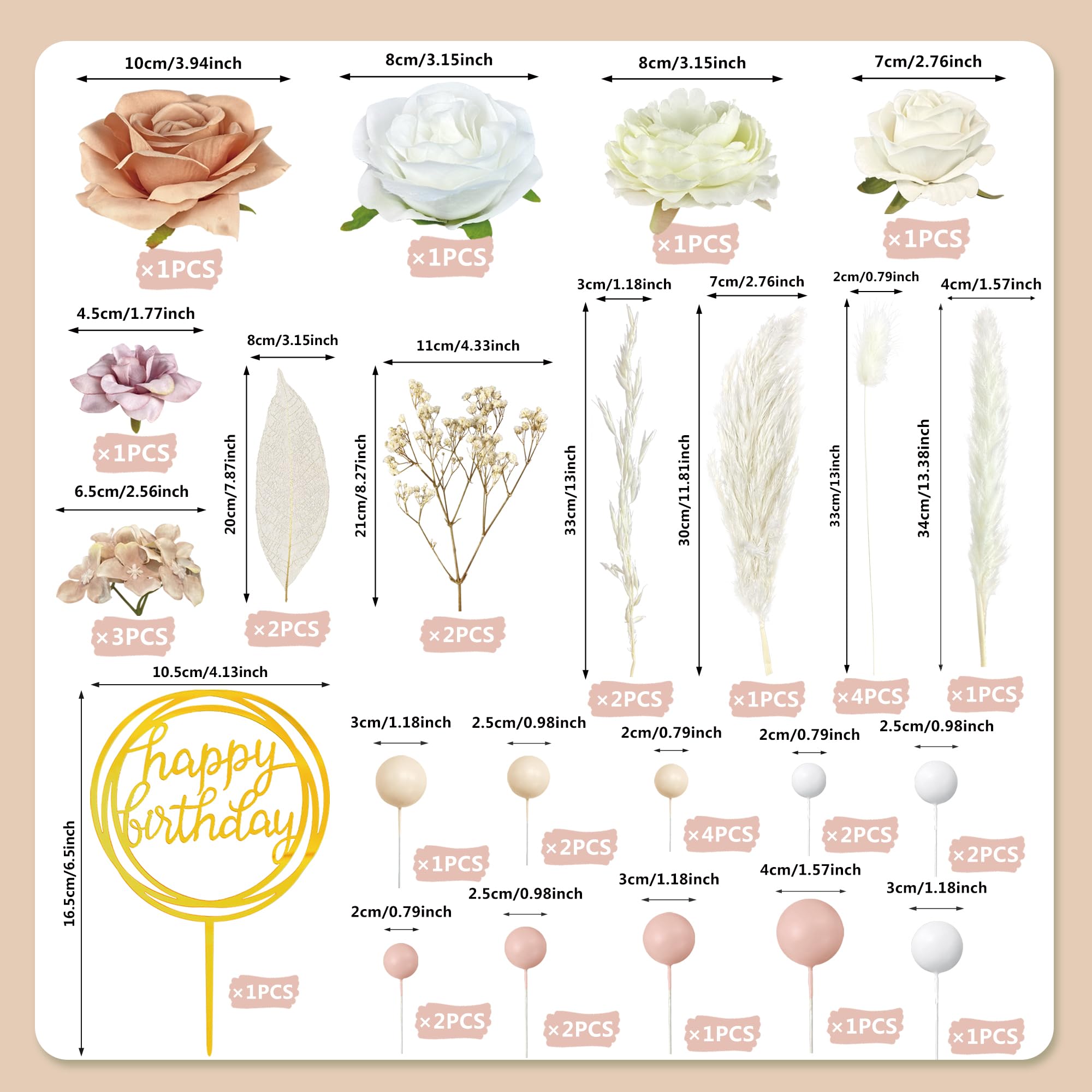 37 PCS Boho Cake Topper Set - Dried Pampas Grass, Artificial Roses, Cake Balls For Wedding & Birthday - View #6