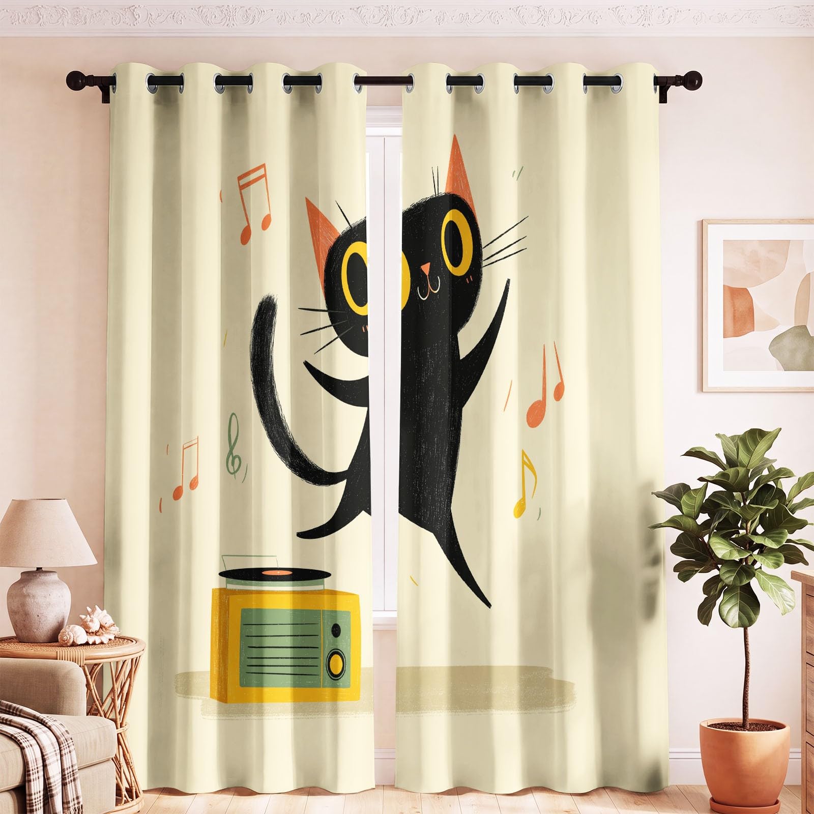 Zasłony zaciemniające do kuchni na okna - zabawna muzyka zasłona na przelotkach, przelotki zasłony okienne do sypialni salonu, szer. 229 cm x dł. 229 cm, 2 panele czarny kot gramofon beżowe wzorzyste