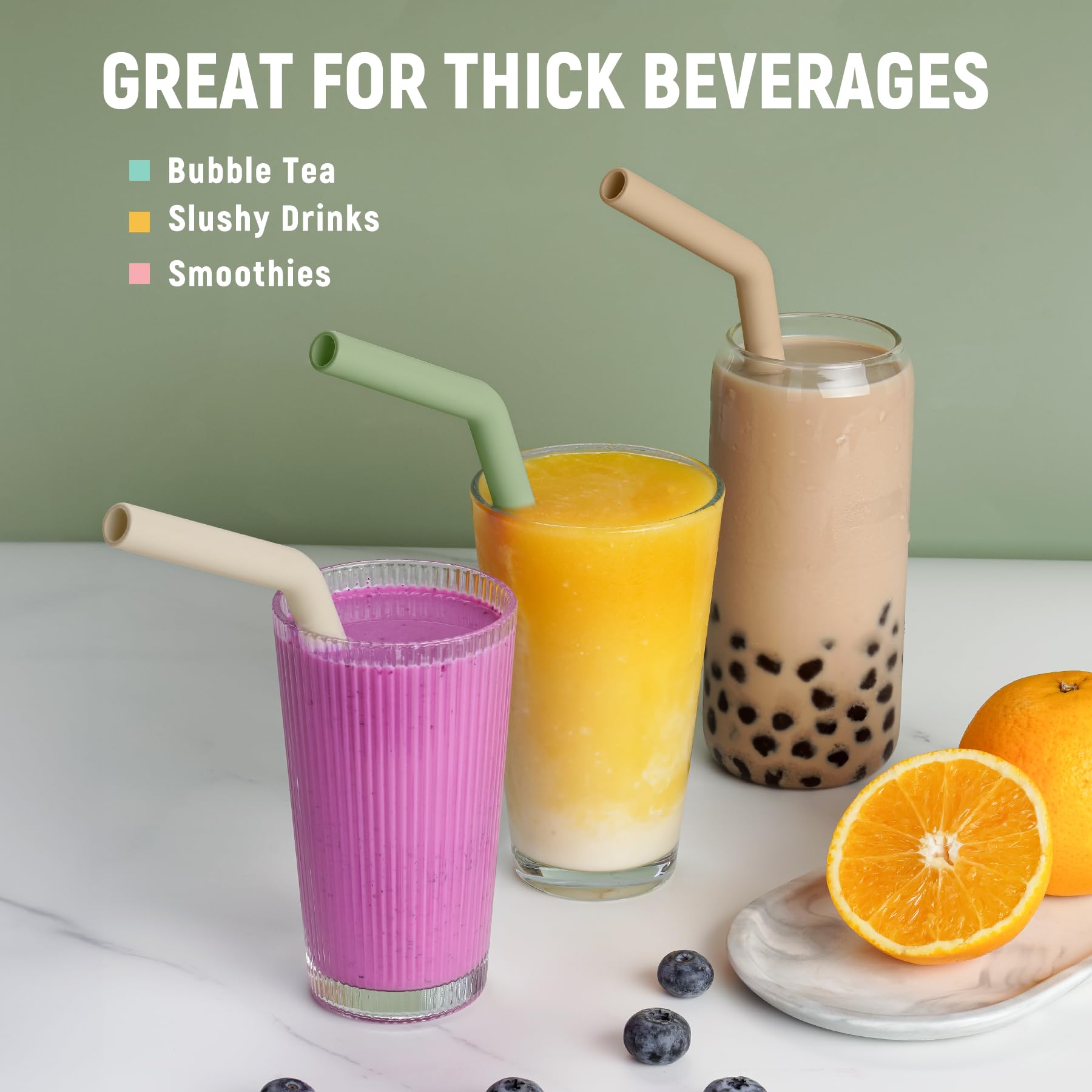 NiHome 6PCS Extra Wide Reusable Bent Silicone Straws for Boba Smoothies, Bubble Tea - Image 2