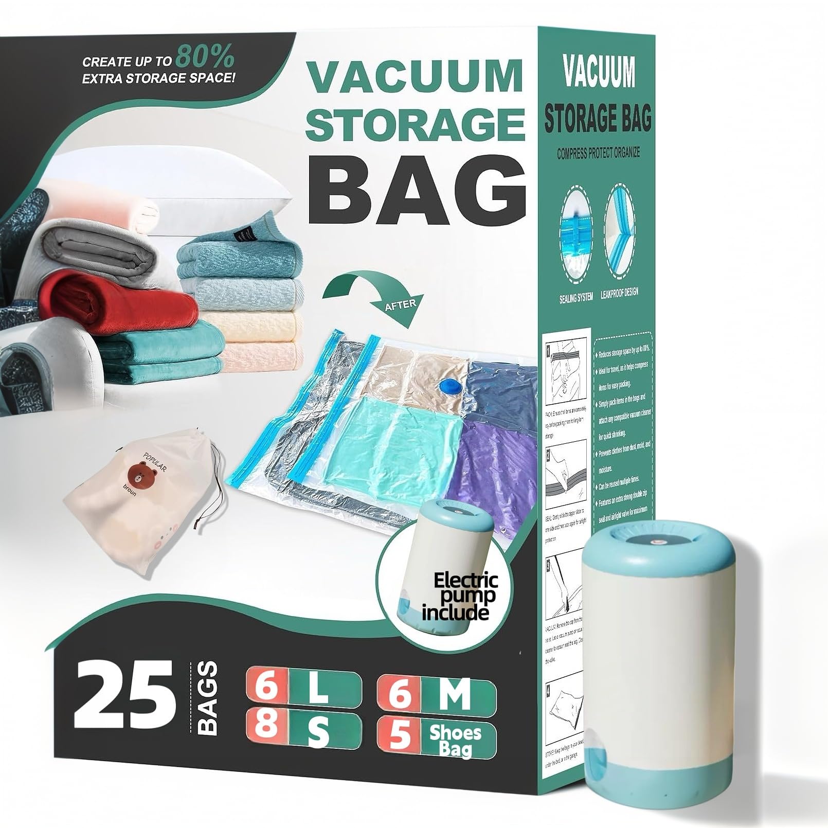 Vakuumbeutel für Reisen mit wiederaufladbarer Luftpumpe, 25 Stück, Handgepäckgröße, Kompressions-Verpackungsbeutel für Gepäck und Koffer, platzsparende Vakuum-Aufbewahrungsbeutel für Kleidung, Schuhe
