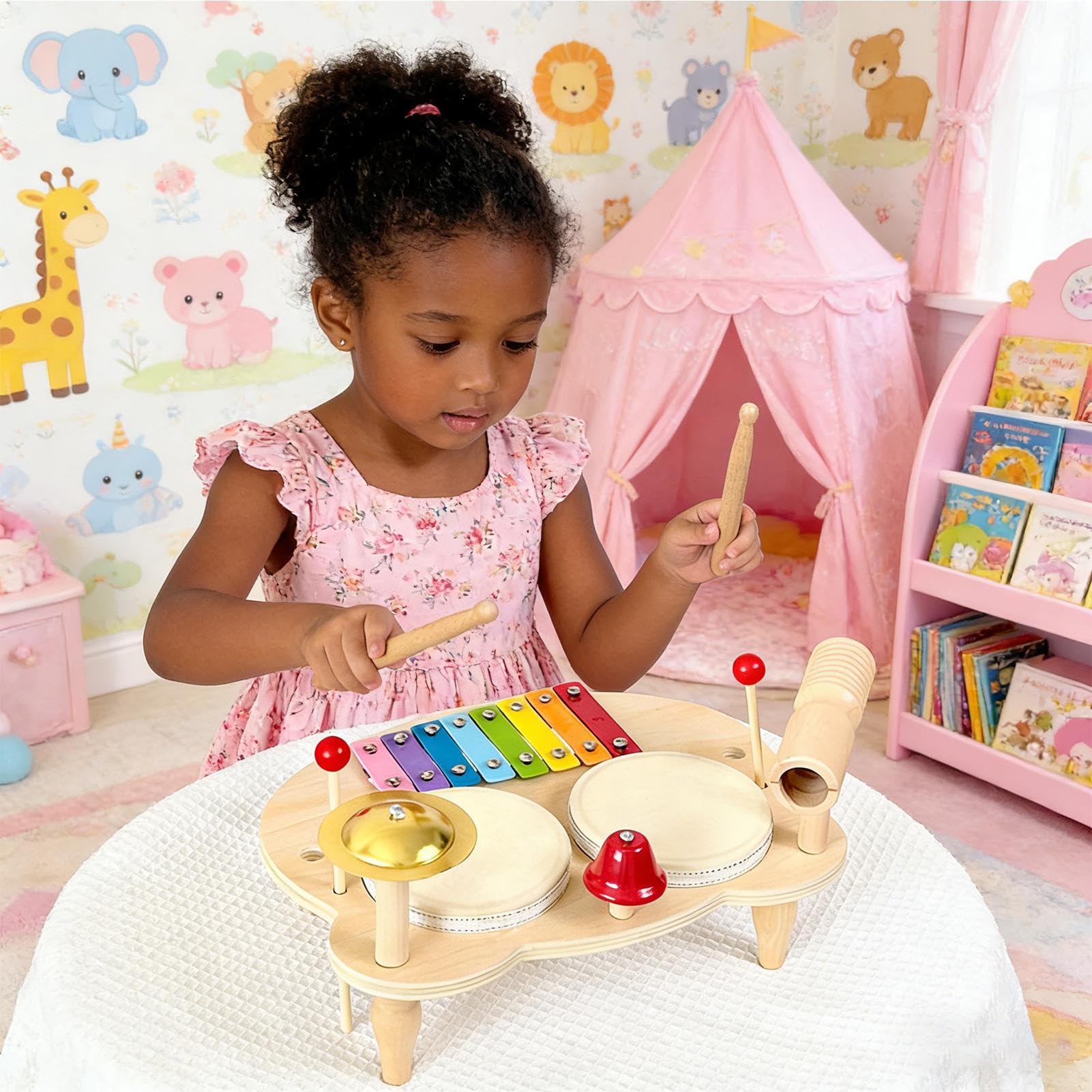 Juego de Tambores Instrumento de Percusión Musical de Madera para Niños