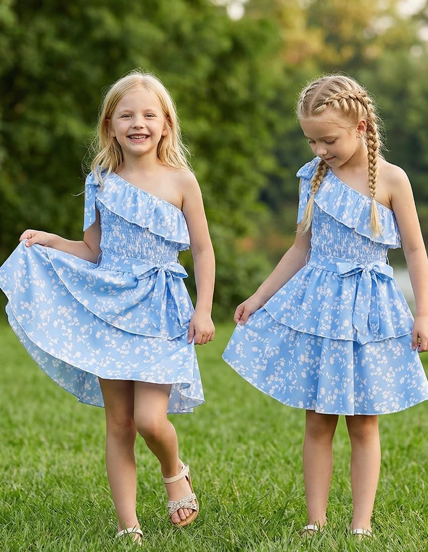 GRACE KARIN Girls Summer Spring Dress Kids One Shoulder Floral Dresses Teen Cute Party Flower 2 Layer Hawaiian Clothes 6-14 - Image 6