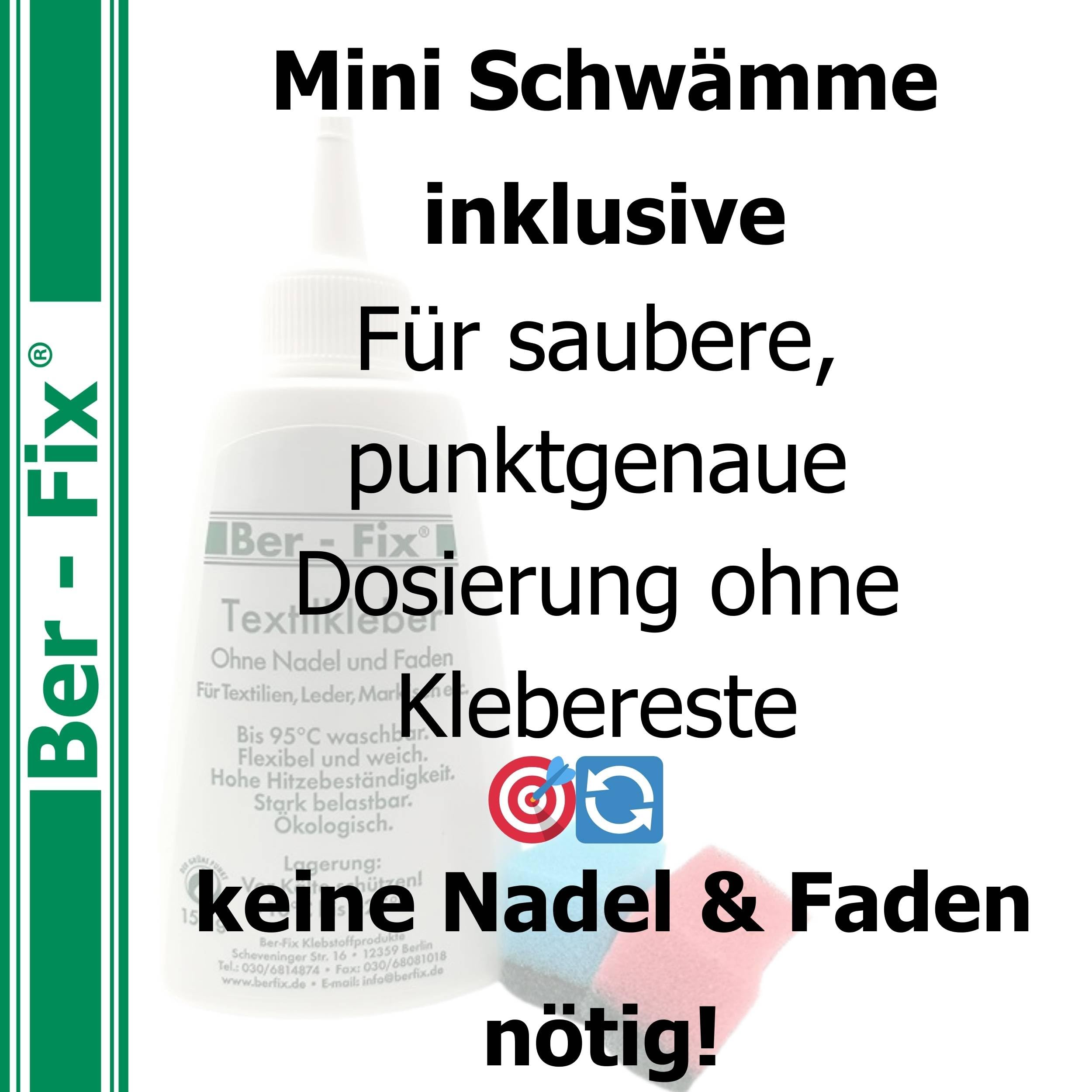 Ber-Fix Textilkleber - wasserfest, kochfest, bügelfester, flexibel (40g mit 150g)