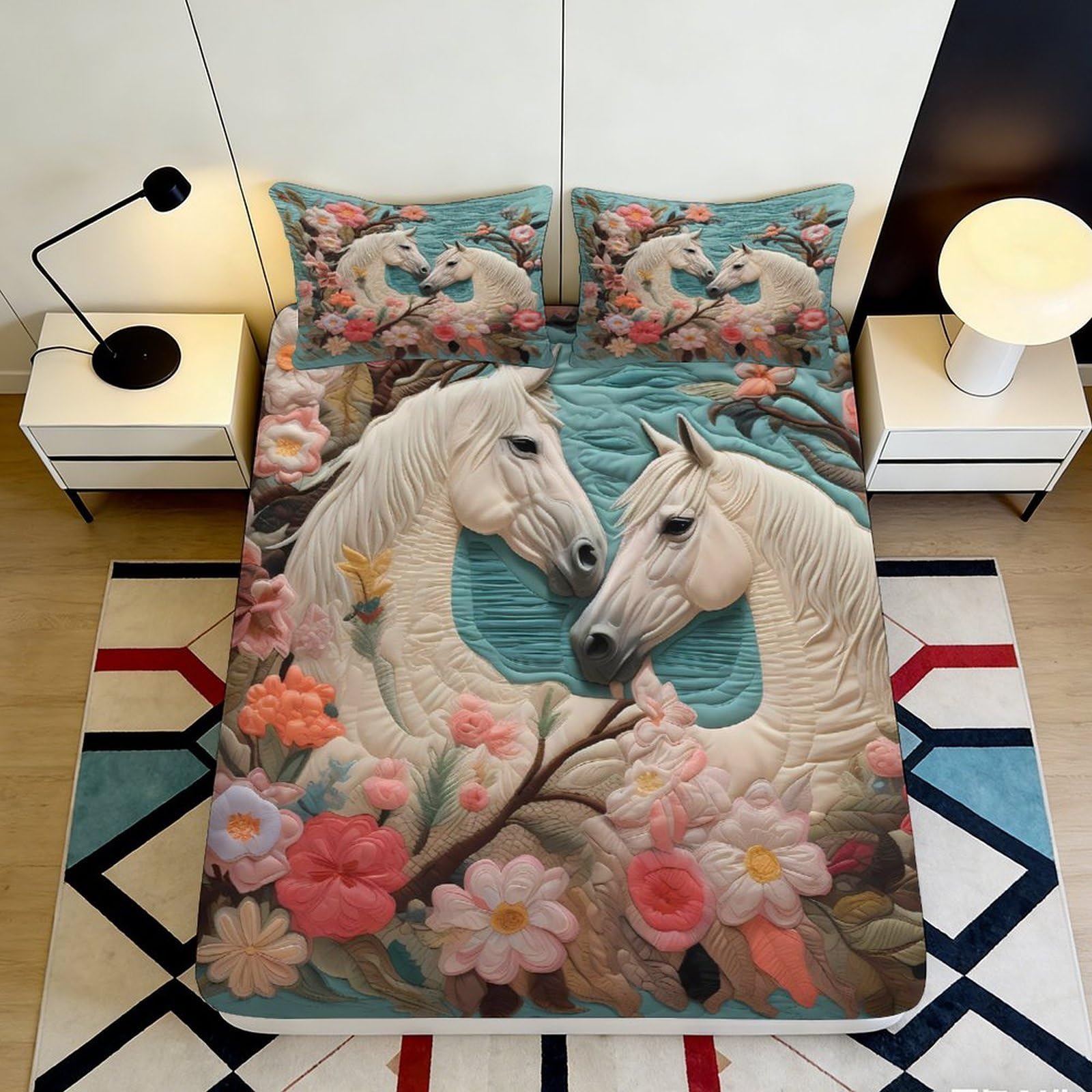 3D Printed White Horse Blossom Fitted Sheet Microfiber Soft Mattress Cover Floral Bedroom Decor 90x200x25cm
