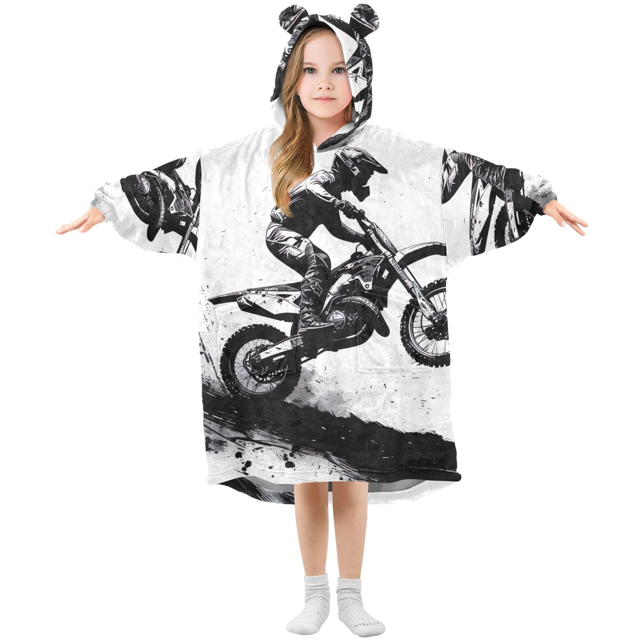 Sevdomey Motorcycle Rider in The Air Wearable Blankets for Kids Boy Girl, Hoodie Double-Layer Blanket Oversized Sweatshirt