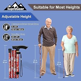supregear Folding Cane, 5-Level Adjustable Height Walking Stick Lightweight Collapsible Portable Travel Cane with Wrist Strap and T Handle for Elderly Disabled Men Women, Red Floral