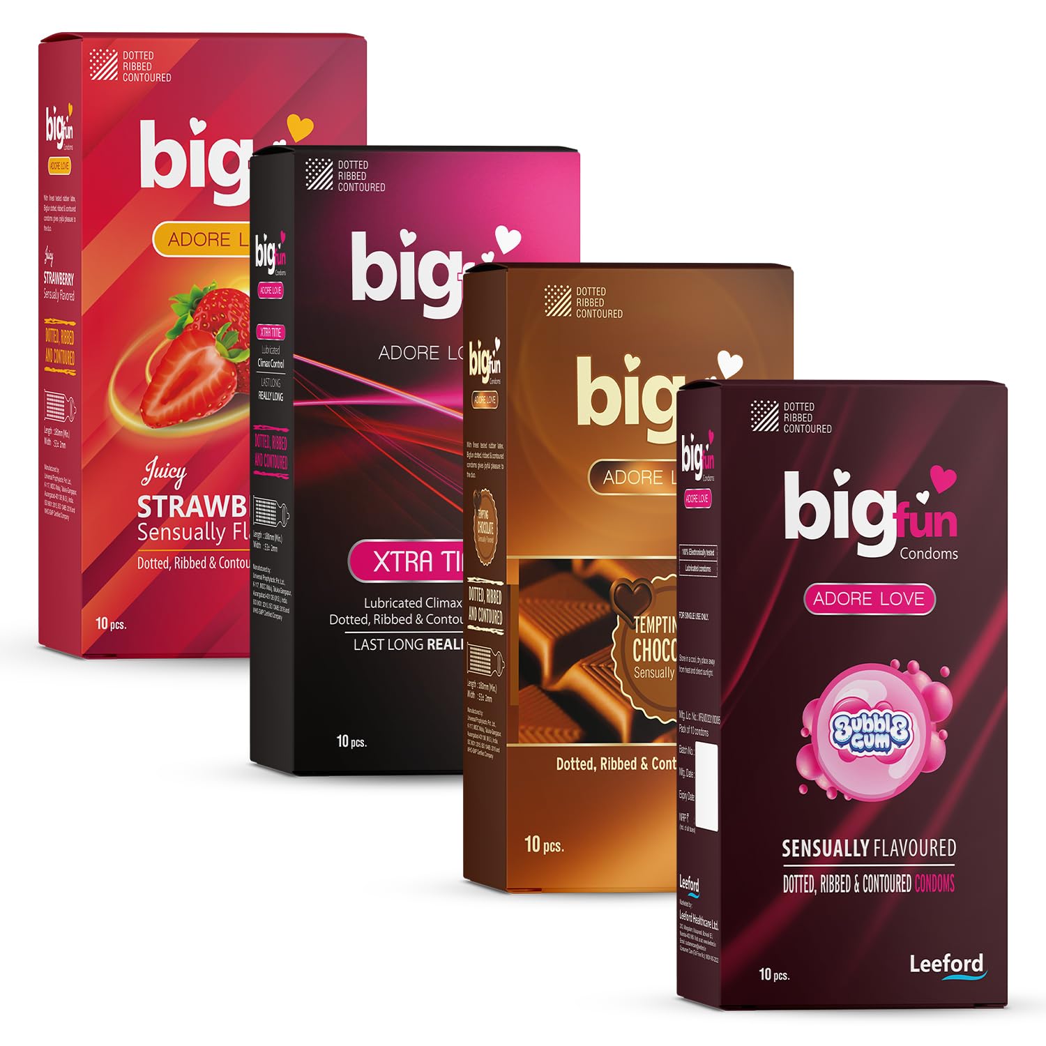 Bigfun Flavoured Condoms Combo Pack for Men – Pack of 4 (10 pcs Each, Total 40 pcs) | Multi Flavour – Bubblegum, Strawberry, Chocolate & Xtra Time | Extra Dotted, Ribbed, Lubricated & Latex Condoms | Long-Lasting, Skin-Friendly & Delay for Men-image-48