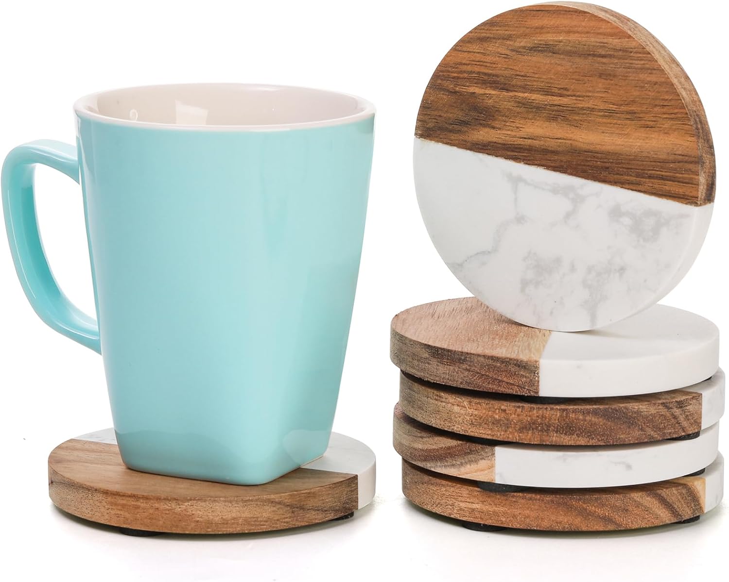 ZENFUN 6 Packs Marble Wood Coasters, Round Coaster, Handcrafted Artificial Marble Coasters Set for Your Drinks and Beverages, Tea, Coffee, Wine/Bar Glasses, Tabletop Protection Helper - Image 4
