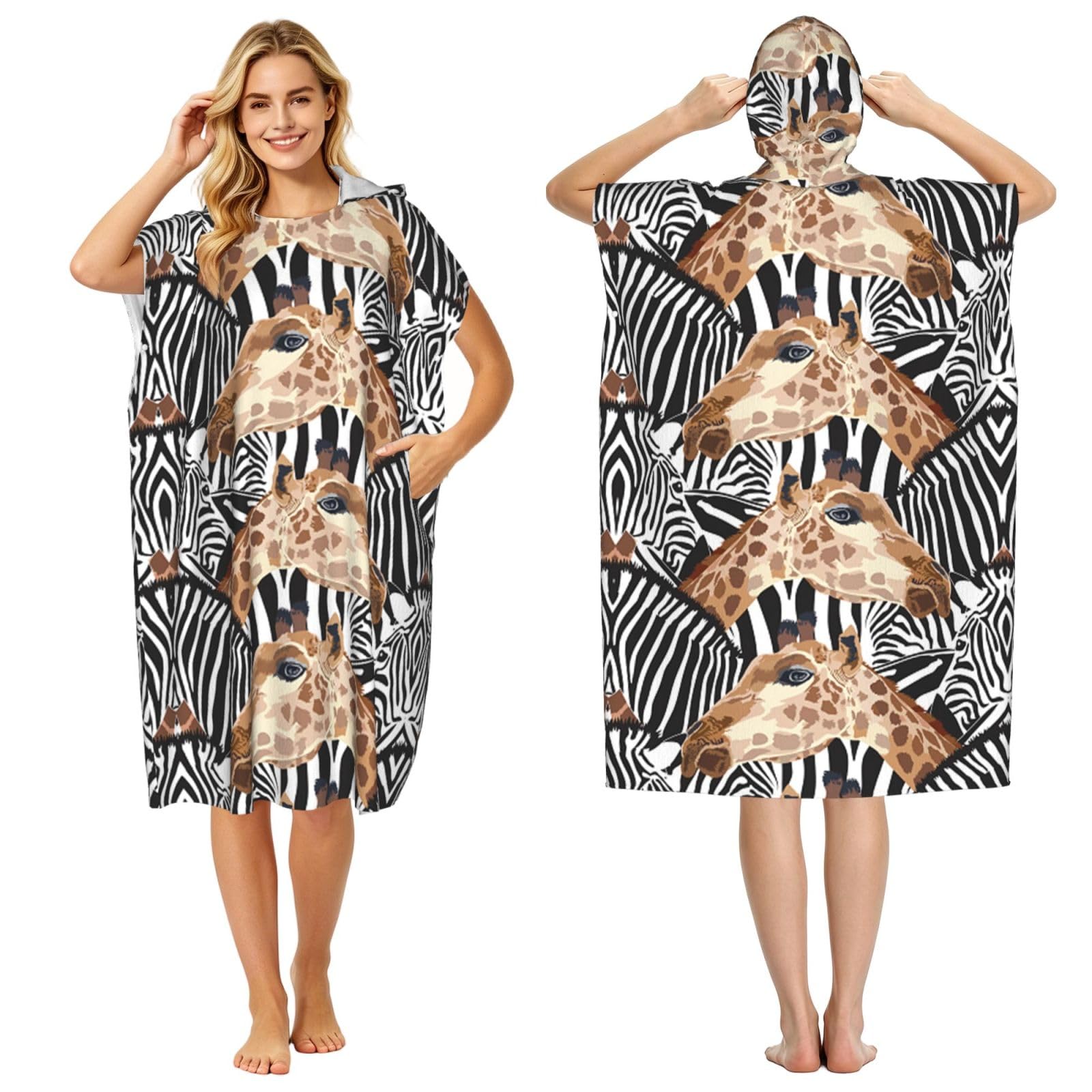 EZDLOWVBA Zebra And Giraffe Print Hooded Poncho Microfiber Beach Towel,Adult Women & Men Changing Robe,Lightweight Summer Surf Swim Bath Poncho Towel