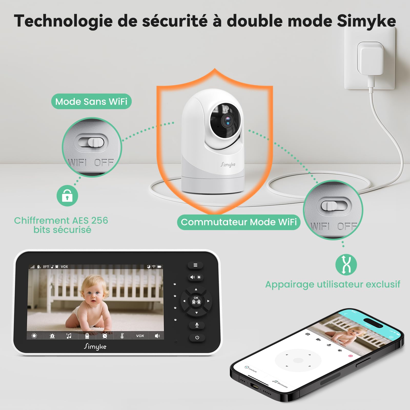 Simyke Moniteur Vidéo pour Bébé, 2 Caméras, Écran IPS 5'' HD, Contrôle App, Vision Nocturne, Alertes Mouvement, Conversation Bidirectionnelle, Accès Multi-Utilisateur, Sécurité Triple