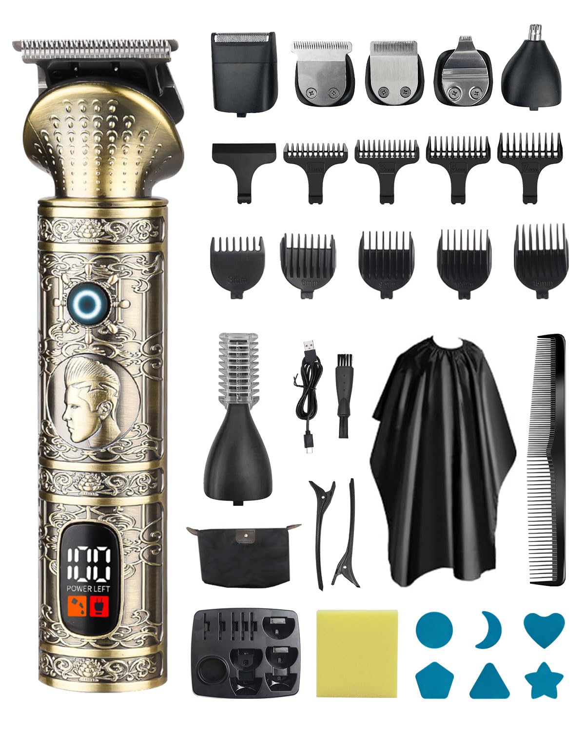 Kit 7 in 1 per barba da uomo, stile retrò, rasoi elettrici, rasoio da uomo, ricaricabile, senza fili, professionale, con display a LED, idea regalo