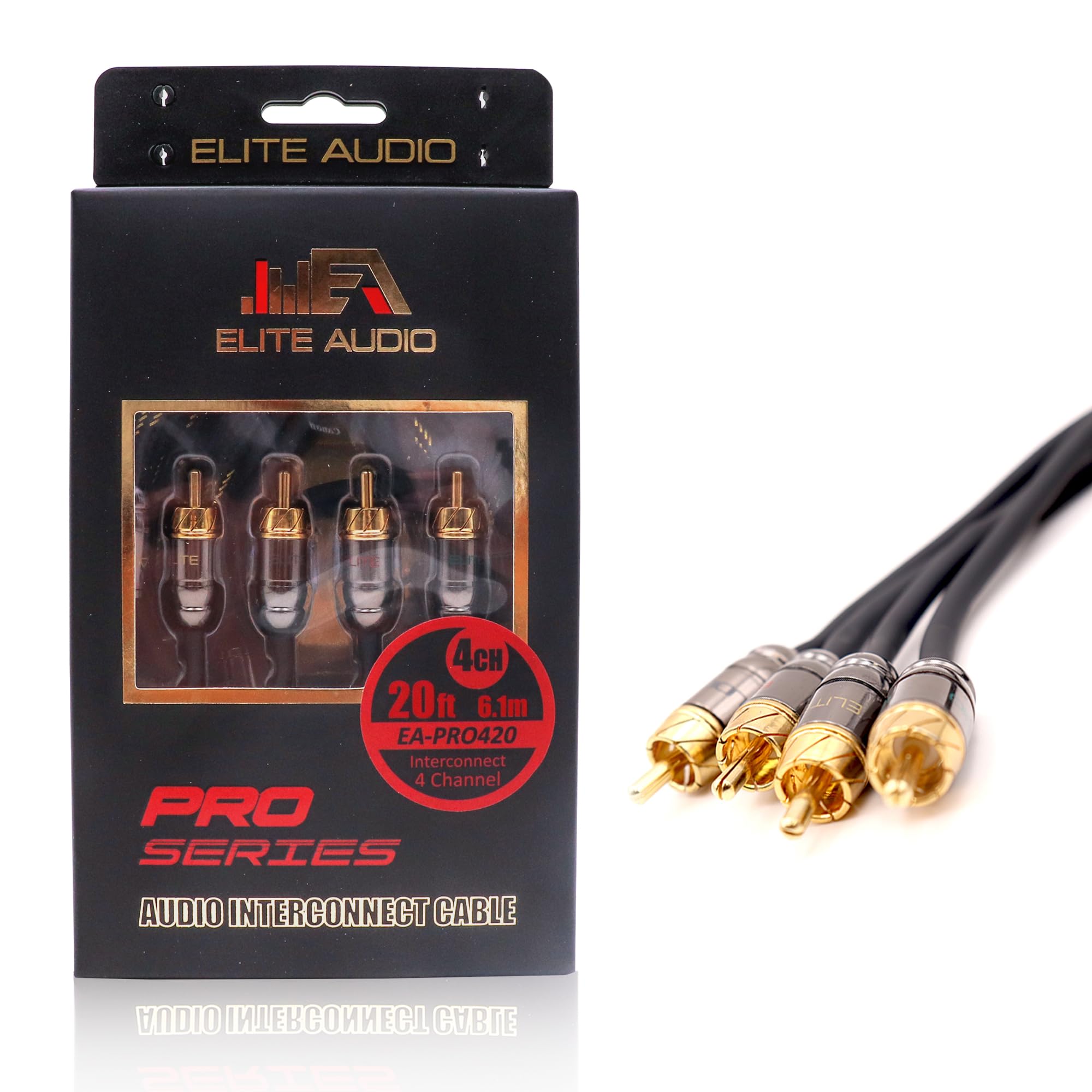Elite Audio PRO 100% OFC Copper 4 Channel 20 ft RCA Audio Interconnect Stereo Cable with Triple-Shielded Armor, Quad Clamp Brass Copper Connectors & Copper Lead Drain Wire for Best Noise Cancellation
