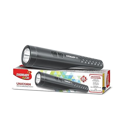 Eveready Unicorn DL90 | Led Torch Cum Emergency Sidelight | 1W Torch & 2W Sidelight | 4 Lighting Modes | Micro-USB Fast Charging | Powered by Li-Ion Battery | Durable ABS Plastic Body | Grey & Yellow