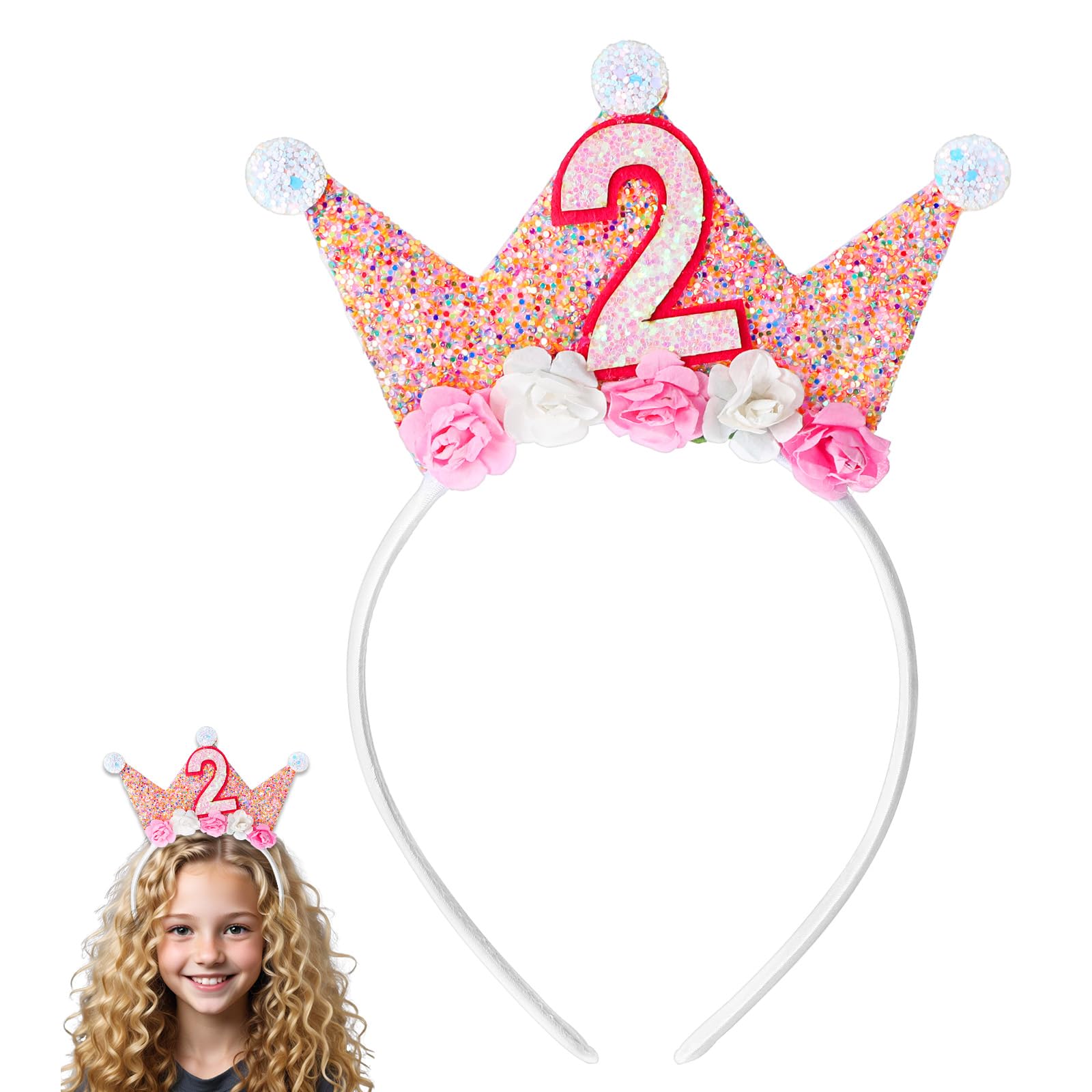 Abeillo 2 Jahr Geburtstagskrone,Mädchen Prinzessin 2 Jahre Krone Geburtstag,Geburtstag Krone Stirnband mit Rose Blumen,Geburtstagskrone Mädchen,Baby Partyhüte Party Deko