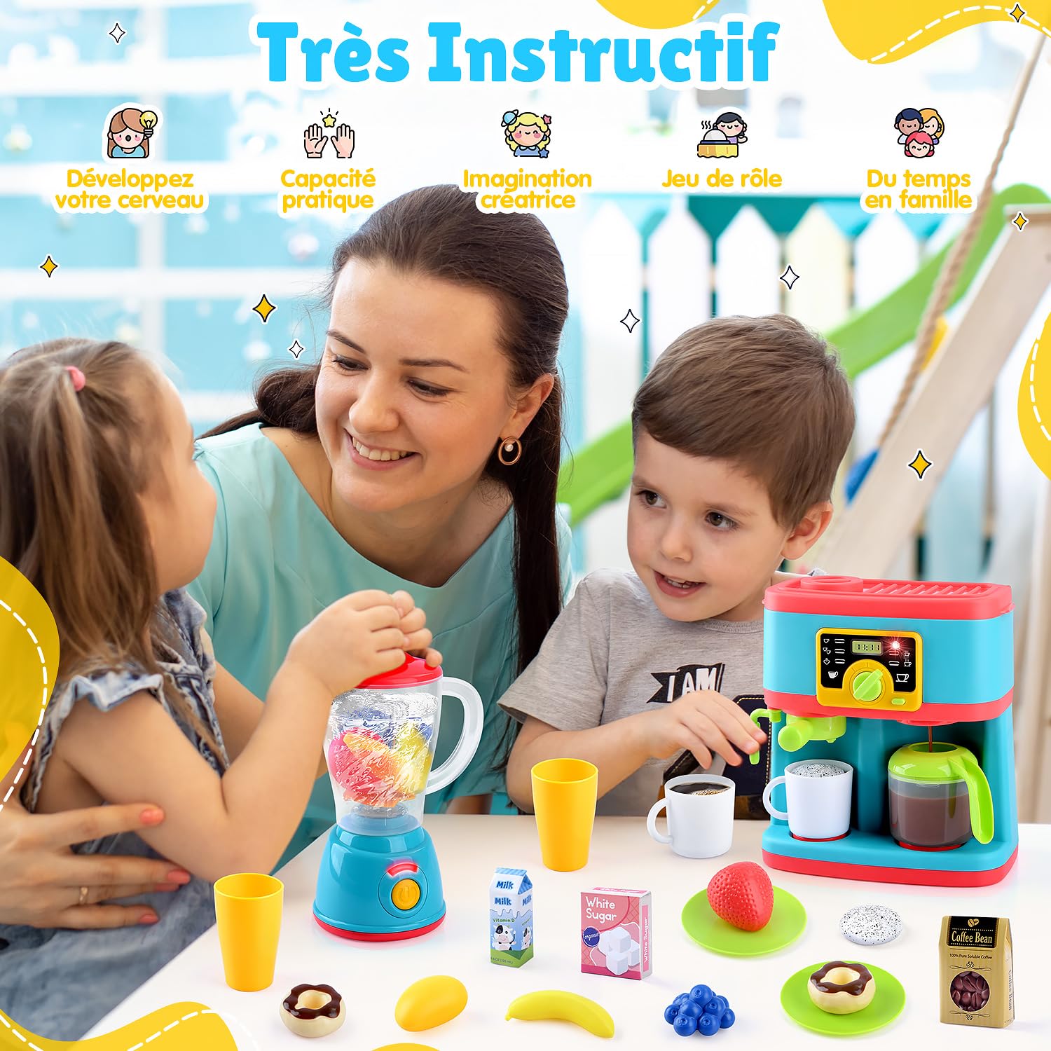 PLAY Accessoire Cuisine Enfant, Set de Ustensile Cuisine Enfant avec Cafetière, Mixer, Jouets Alimentaires, Eclairage et Son Réalistes, Kit Cuisine pour Enfant 3+ Ans