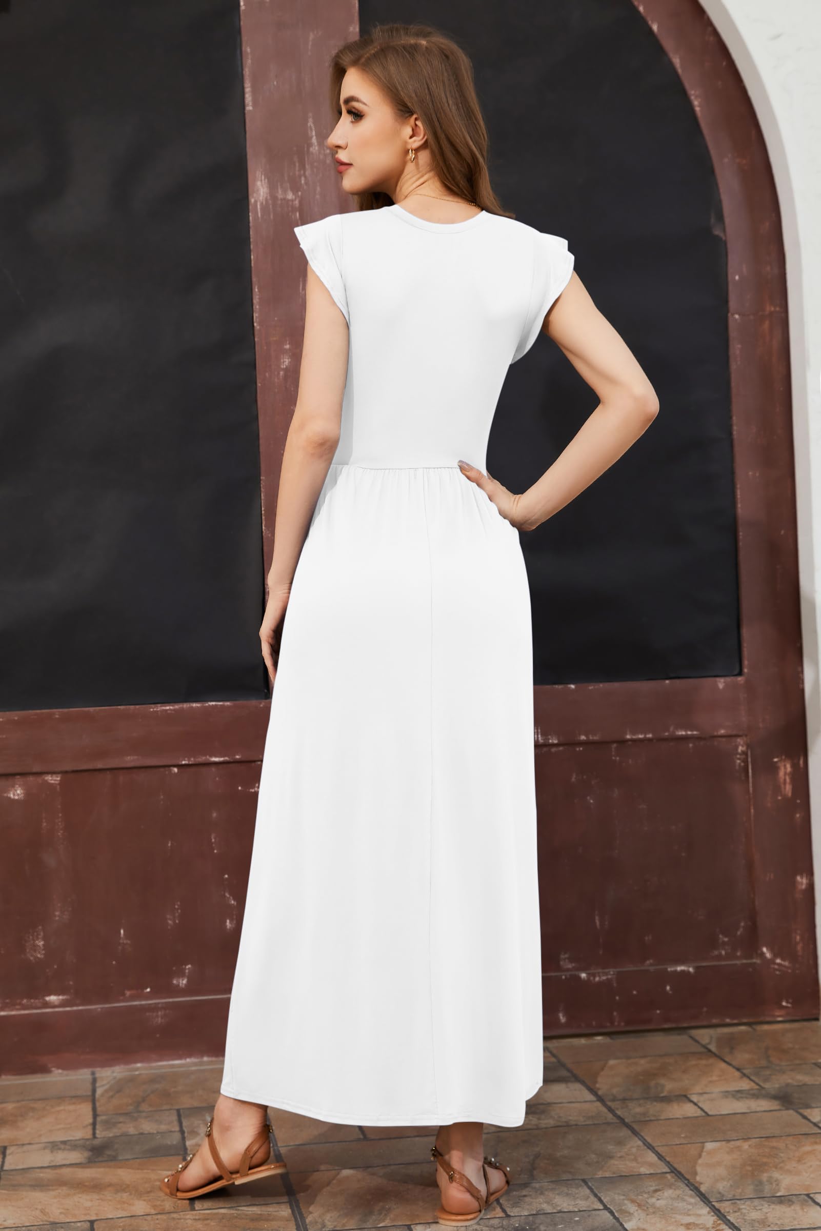 AUSELILY Vestido Largo para Mujeres Vestido de Manga Corta con Pétalos en Volantes Vestido Elástico Casual con Bolsillo Vestido Elástico